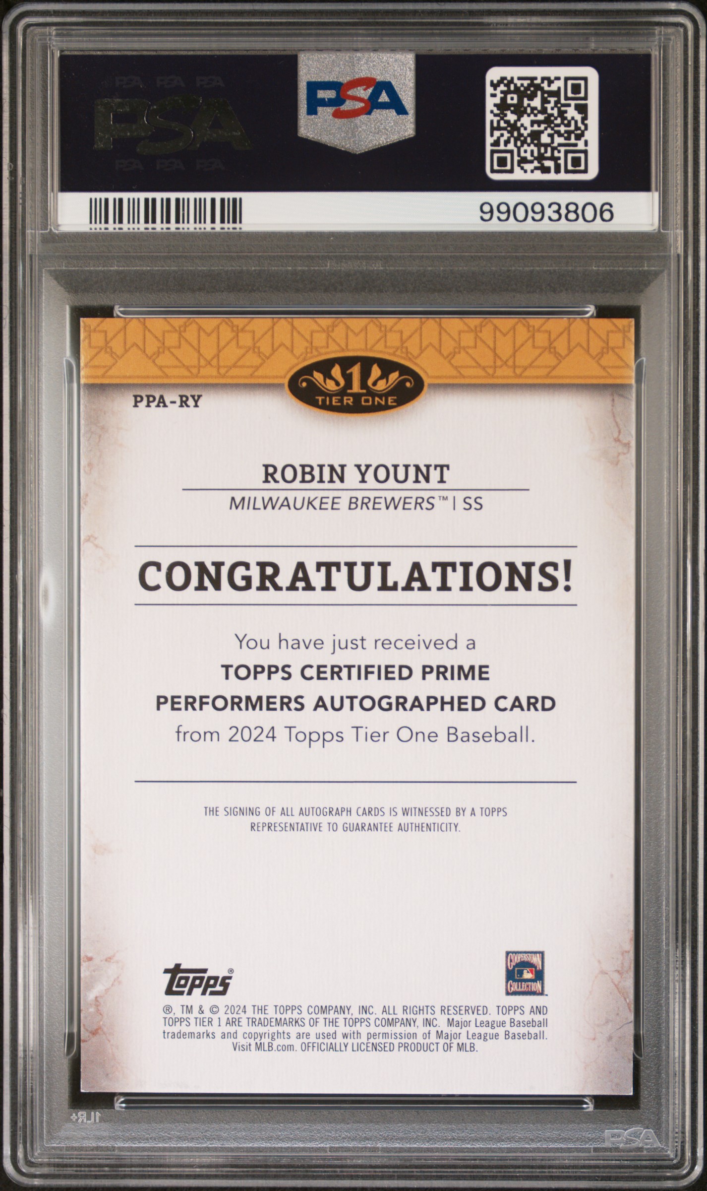 2024 Topps Tier One Prime Performers Autographs Robin Yount #Ppary Mint 9 back