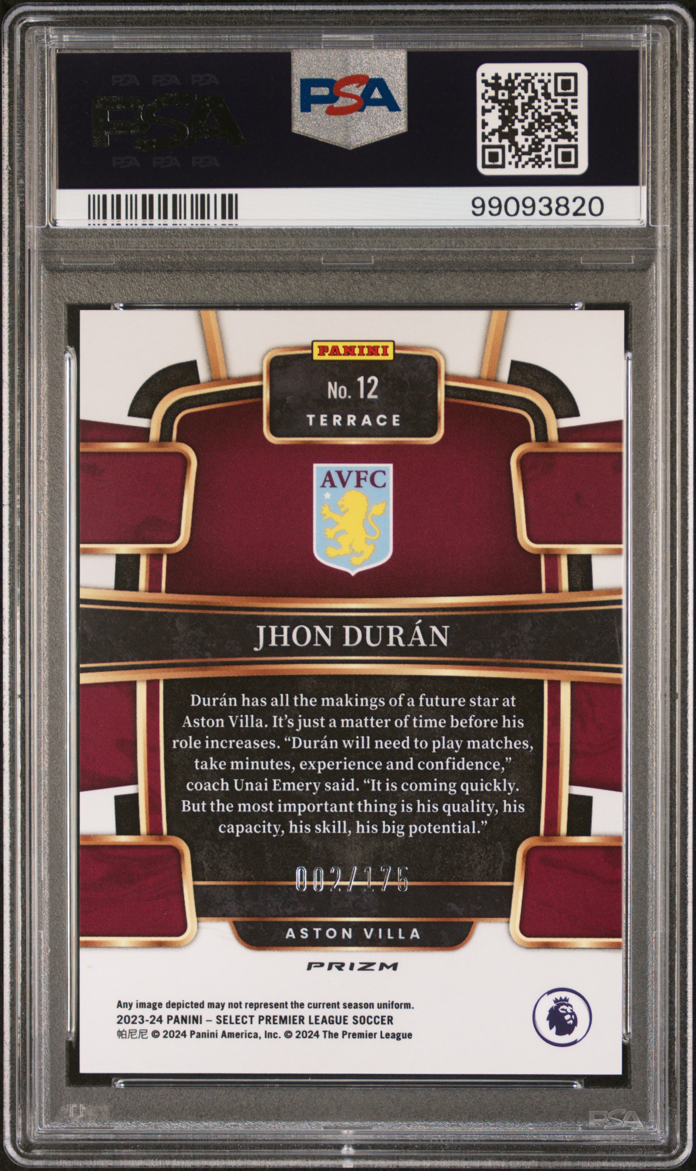 2023-24 Panini Select Premier League Jhon Duran #12 (Camo) Gem Mt 10 back