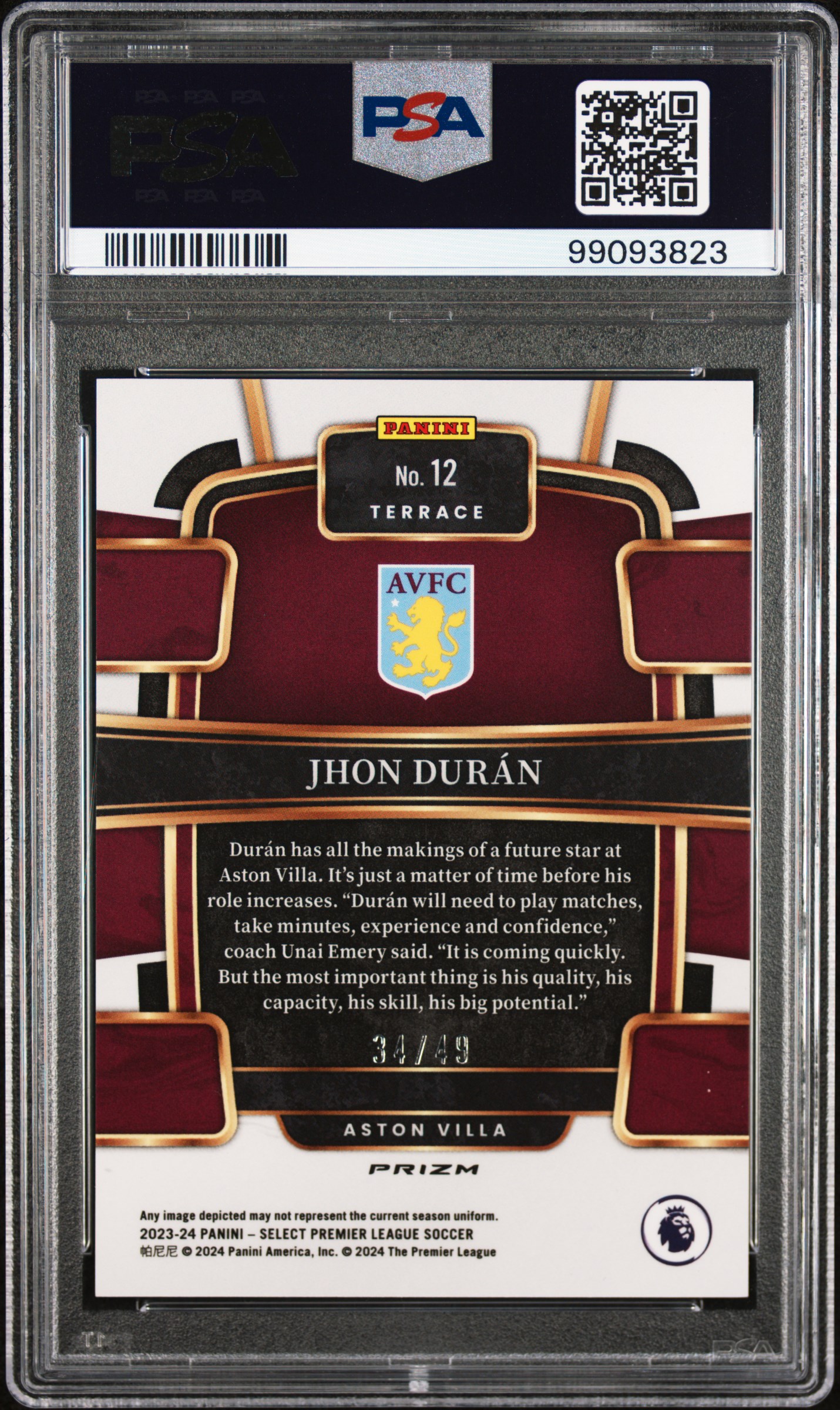 2023-24 Panini Select Premier League Jhon Duran #12 (Tie-Dye) Gem Mt 10 back