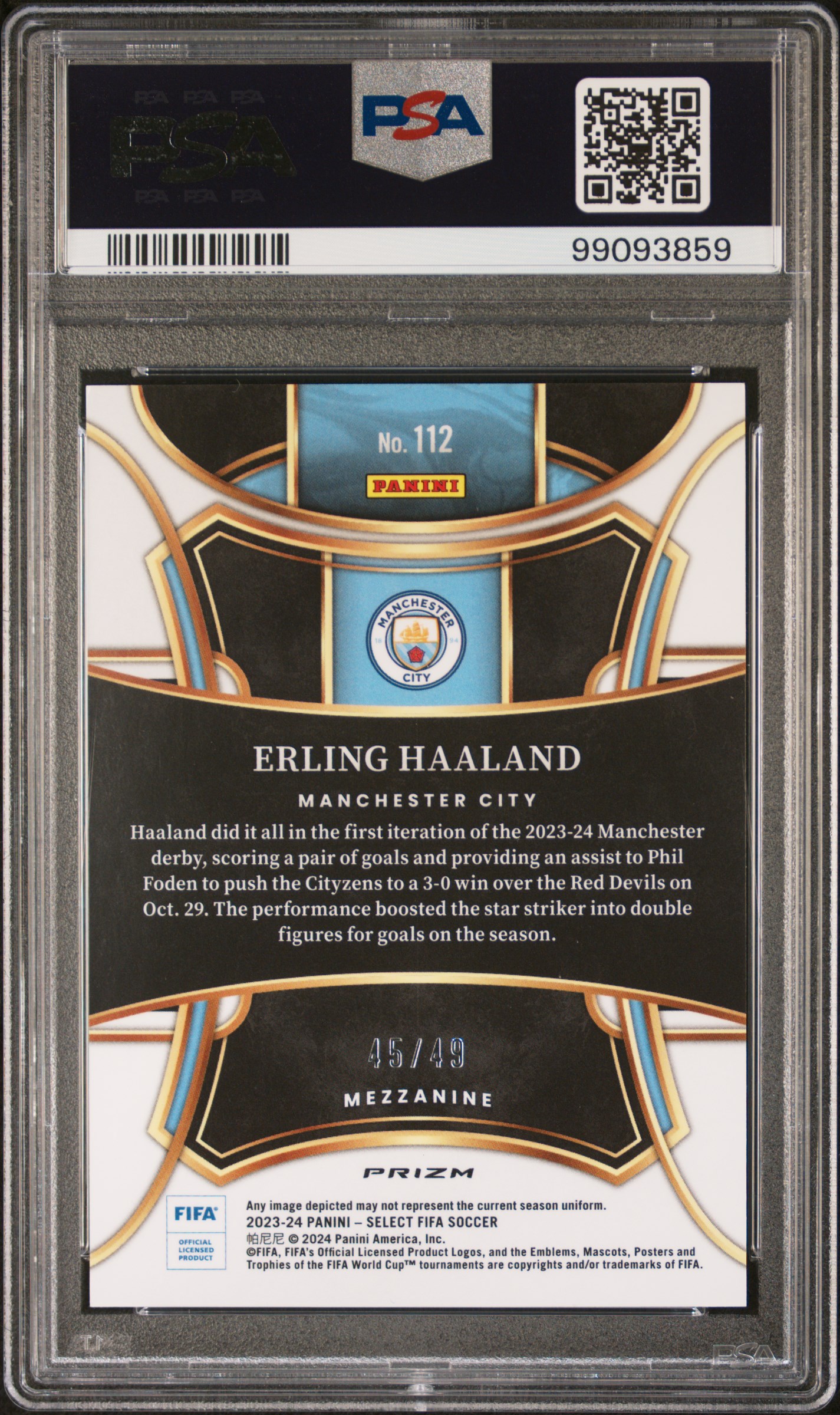 2023-24 Panini Select Fifa Erling Haaland #112 (Orange) Gem Mt 10 back