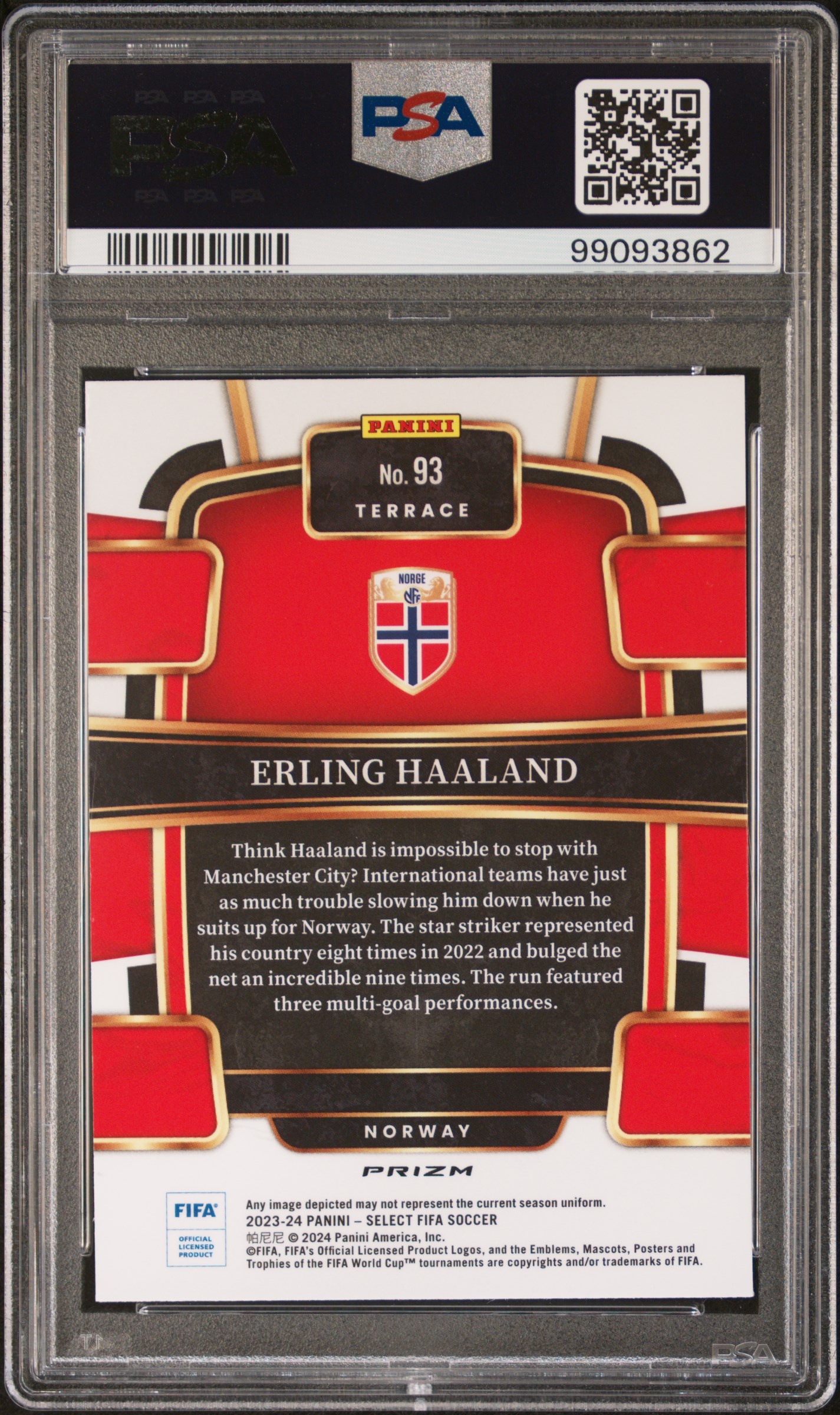 2023-24 Panini Select Fifa Erling Haaland #93 (Red) Gem Mt 10 back