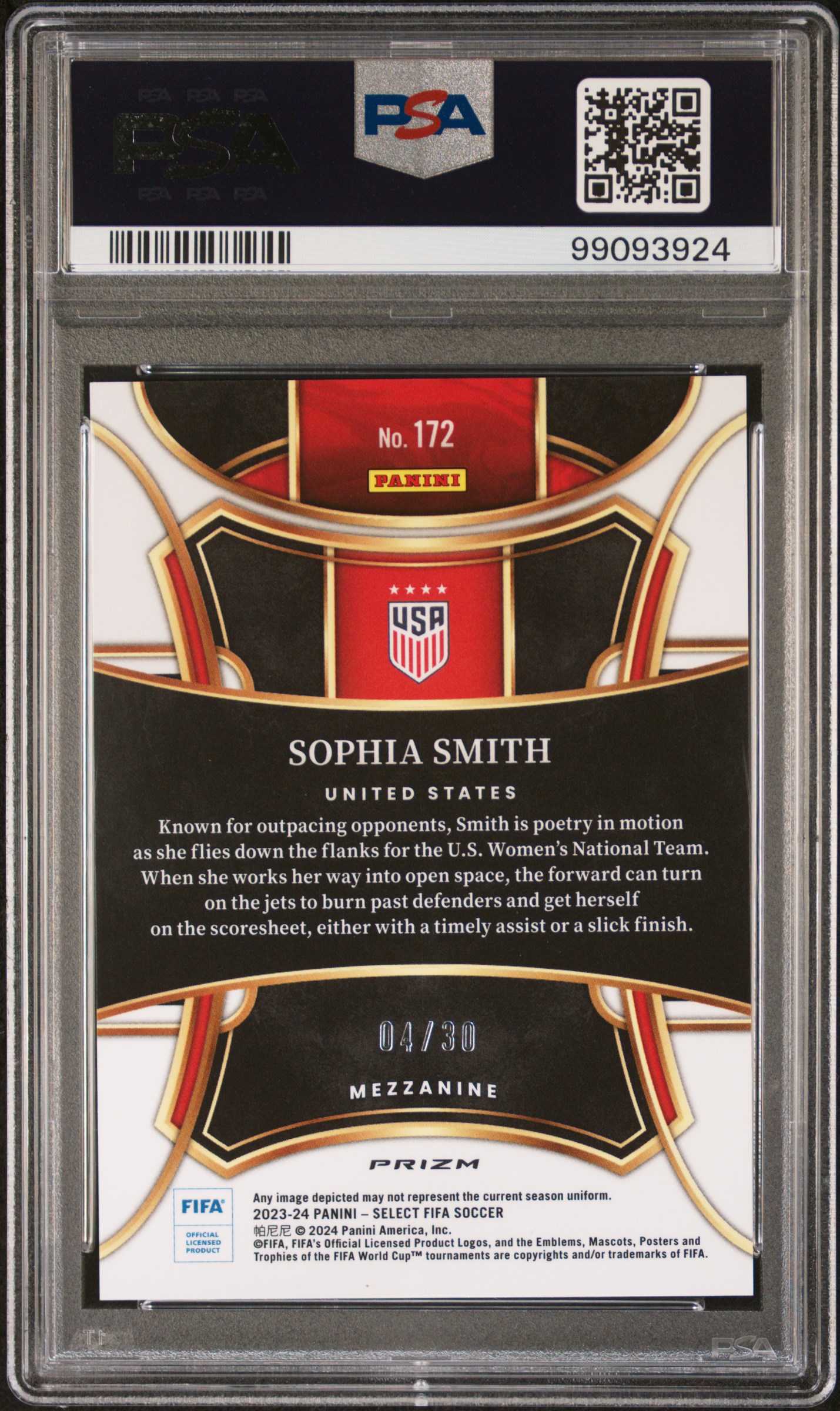 2023-24 Panini Select Fifa Sophia Smith #172 (Tie-Dye) Gem Mt 10 back