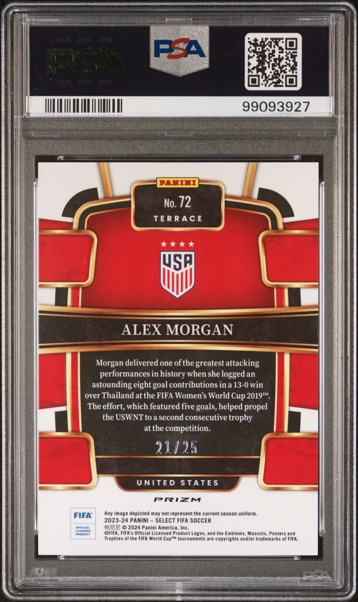2023-24 Panini Select Fifa Alex Morgan #72 (Zebra) Gem Mt 10 back