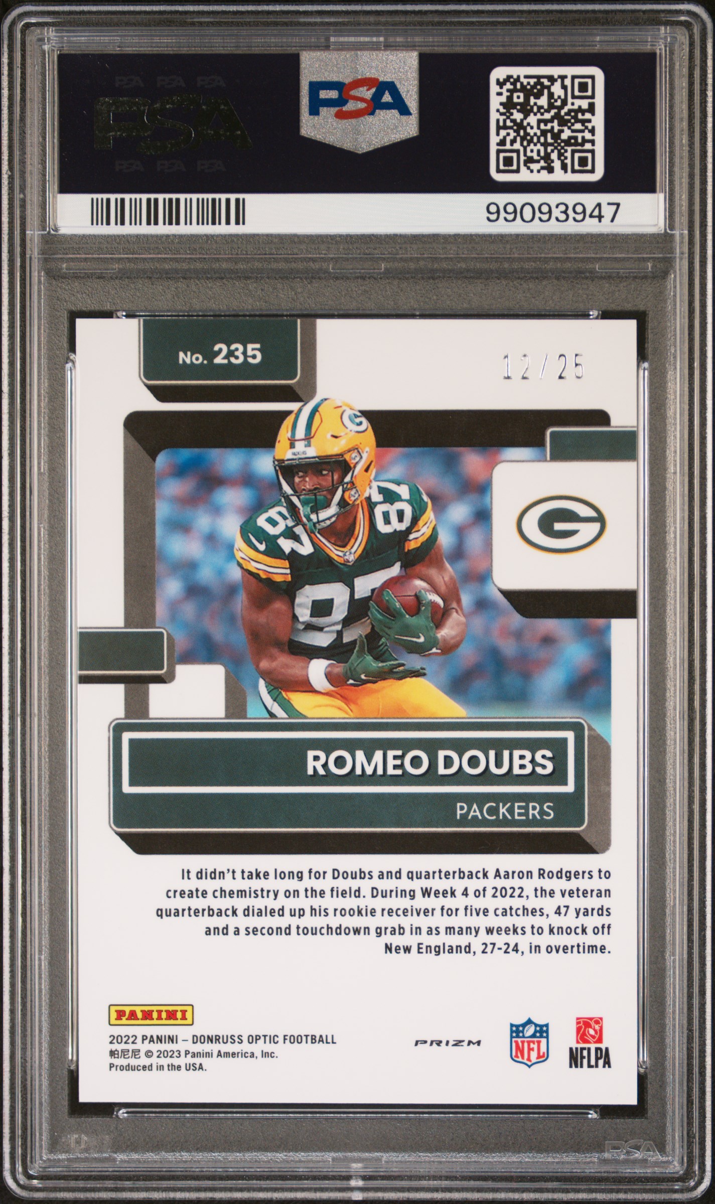 2022 Panini Donruss Optic Romeo Doubs #235 (Black Pandora) Gem Mt 10 back