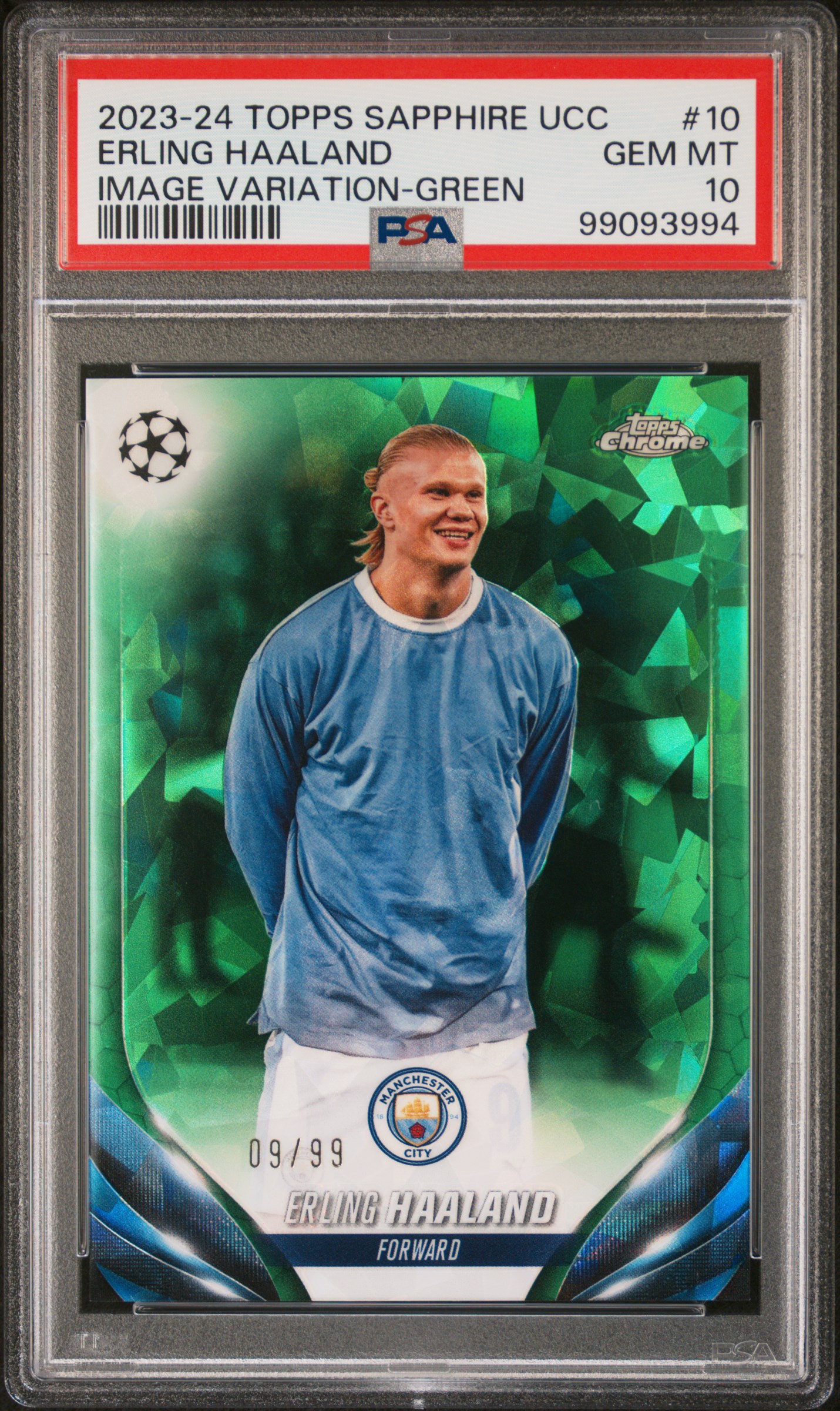 2023-24 Topps Chrome Sapphire Edition Uefa Club Competitions Image Variations Erling Haaland #10 (Image Variation-Green) Gem Mt 10 front