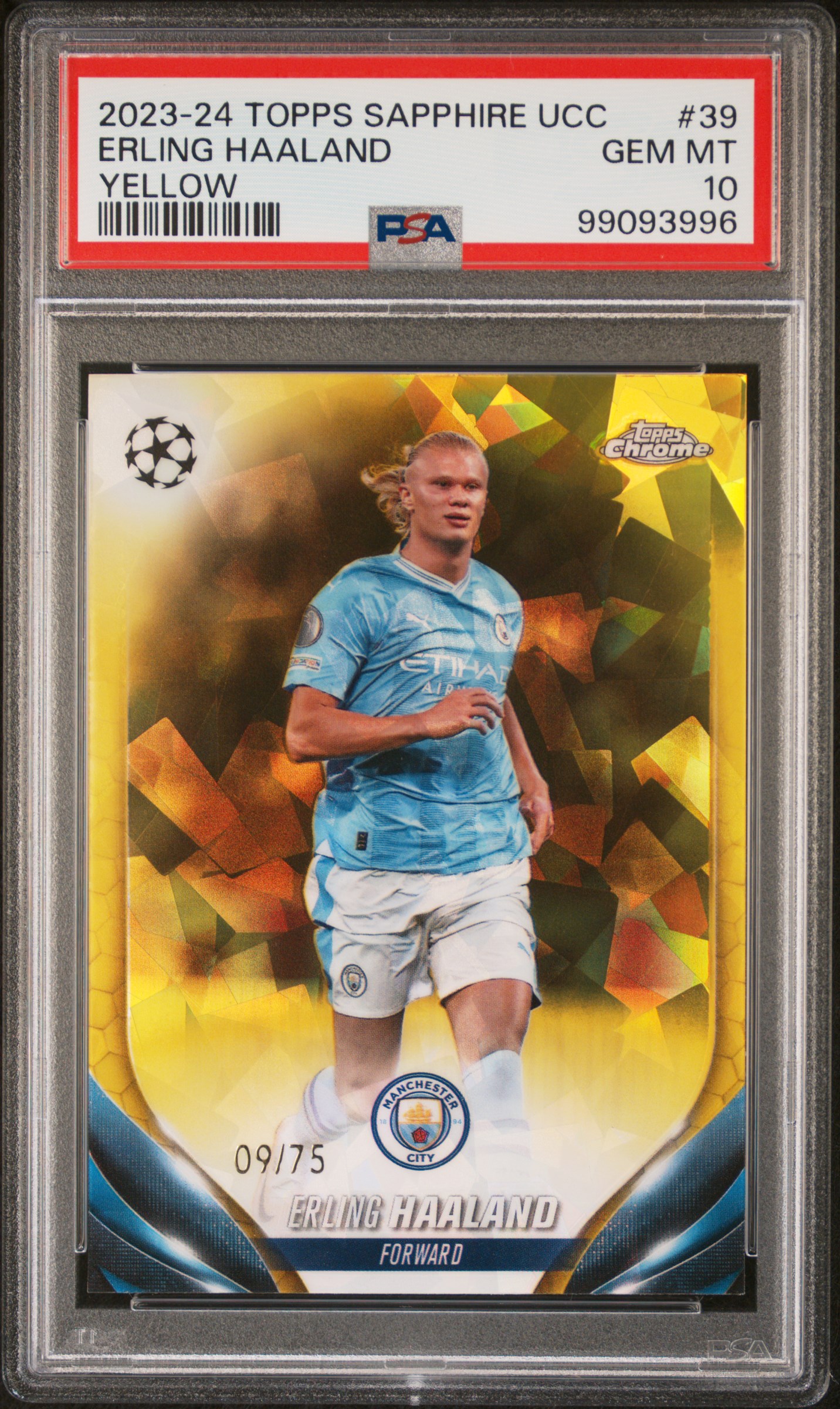 2023-24 Topps Chrome Sapphire Edition Uefa Club Competitions Erling Haaland #39 (Yellow) Gem Mt 10 front