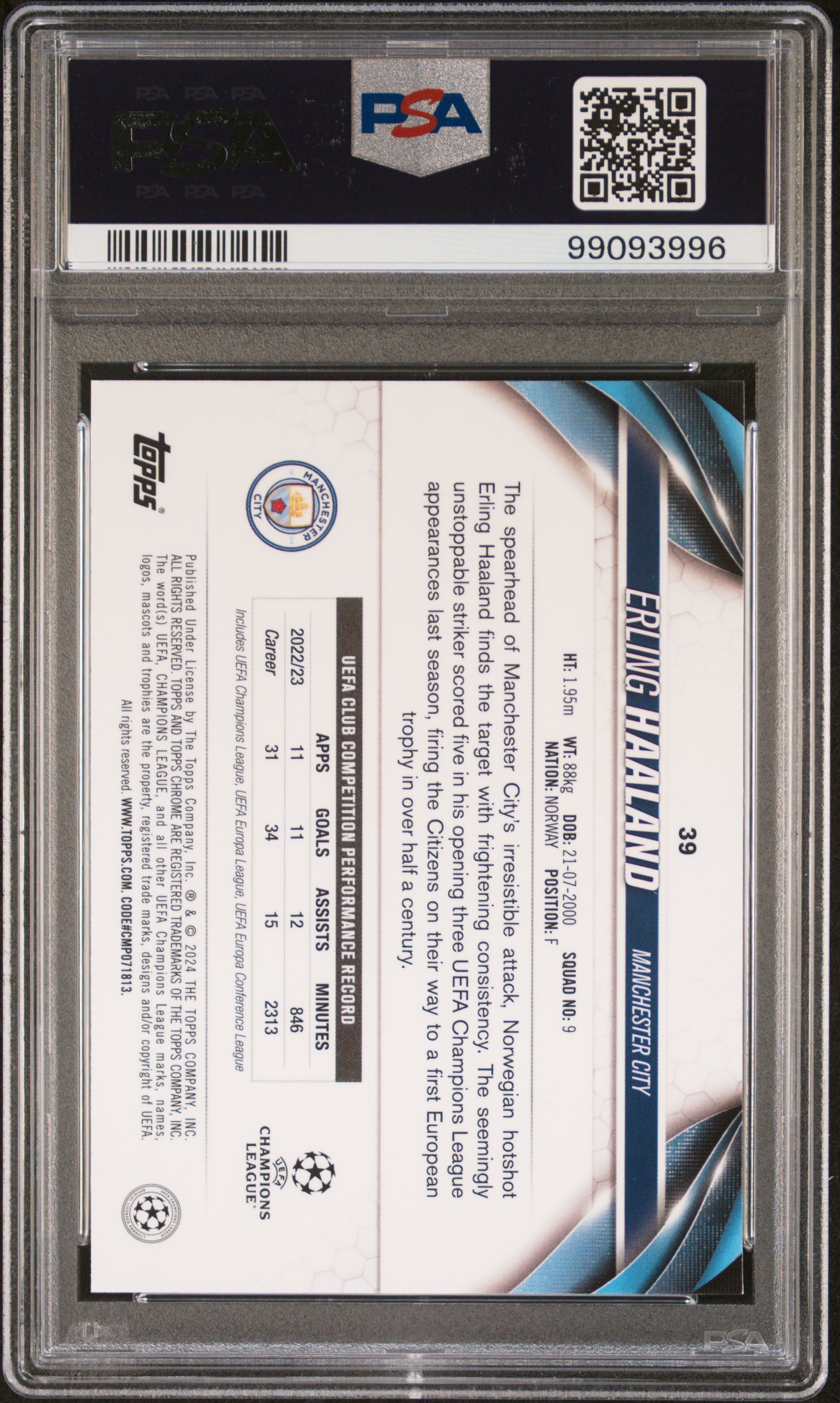 2023-24 Topps Chrome Sapphire Edition Uefa Club Competitions Erling Haaland #39 (Yellow) Gem Mt 10 back