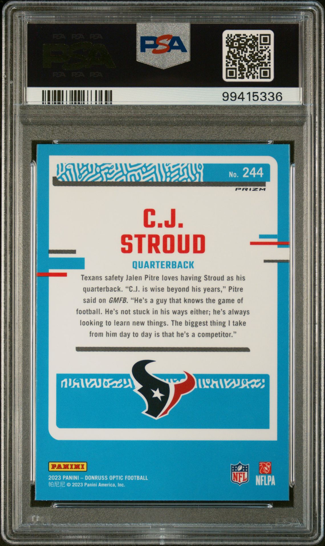 2023 Panini Donruss Optic Cj Stroud #244 (Blue Scope) Gem Mt 10 back