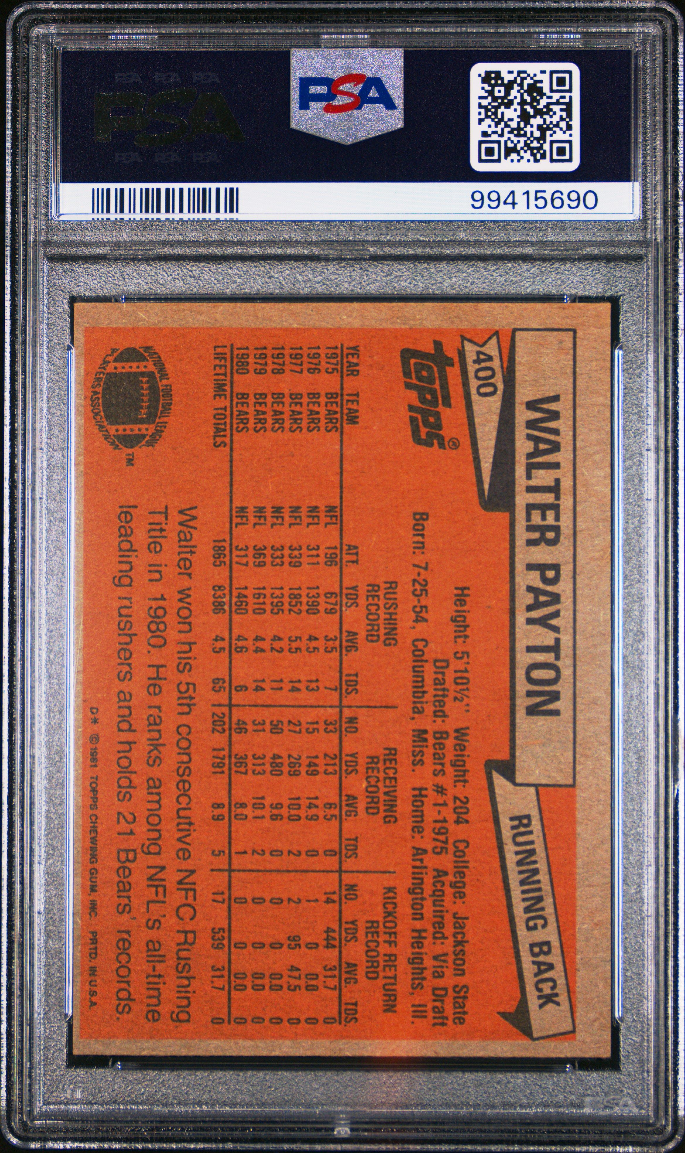 1981 Topps Walter Payton #400 Mint 9 back