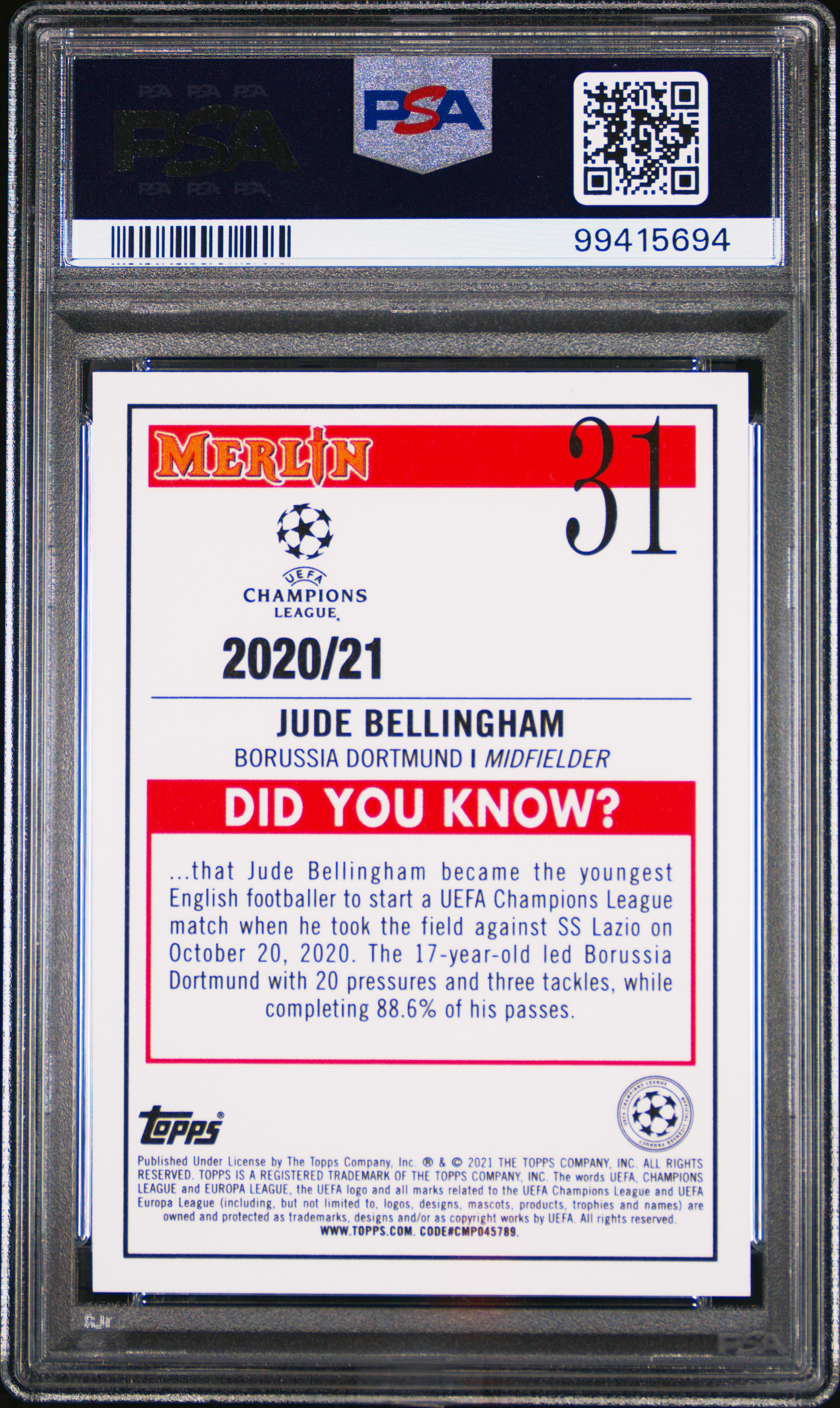 2020 Topps Merlin Chrome Uefa Champions League Jude Bellingham #31 Gem Mt 10 back