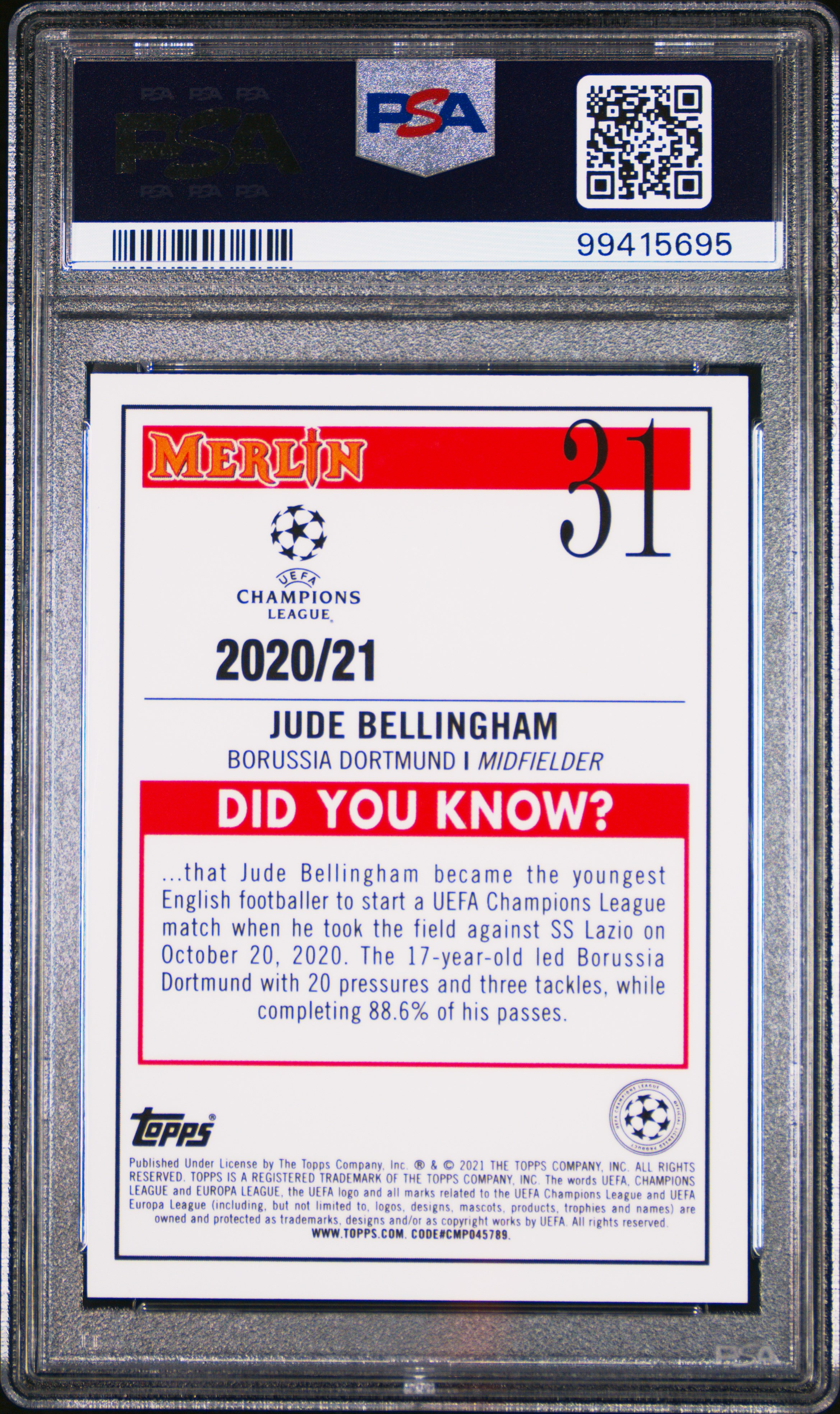 2020 Topps Merlin Chrome Uefa Champions League Jude Bellingham #31 Gem Mt 10 back