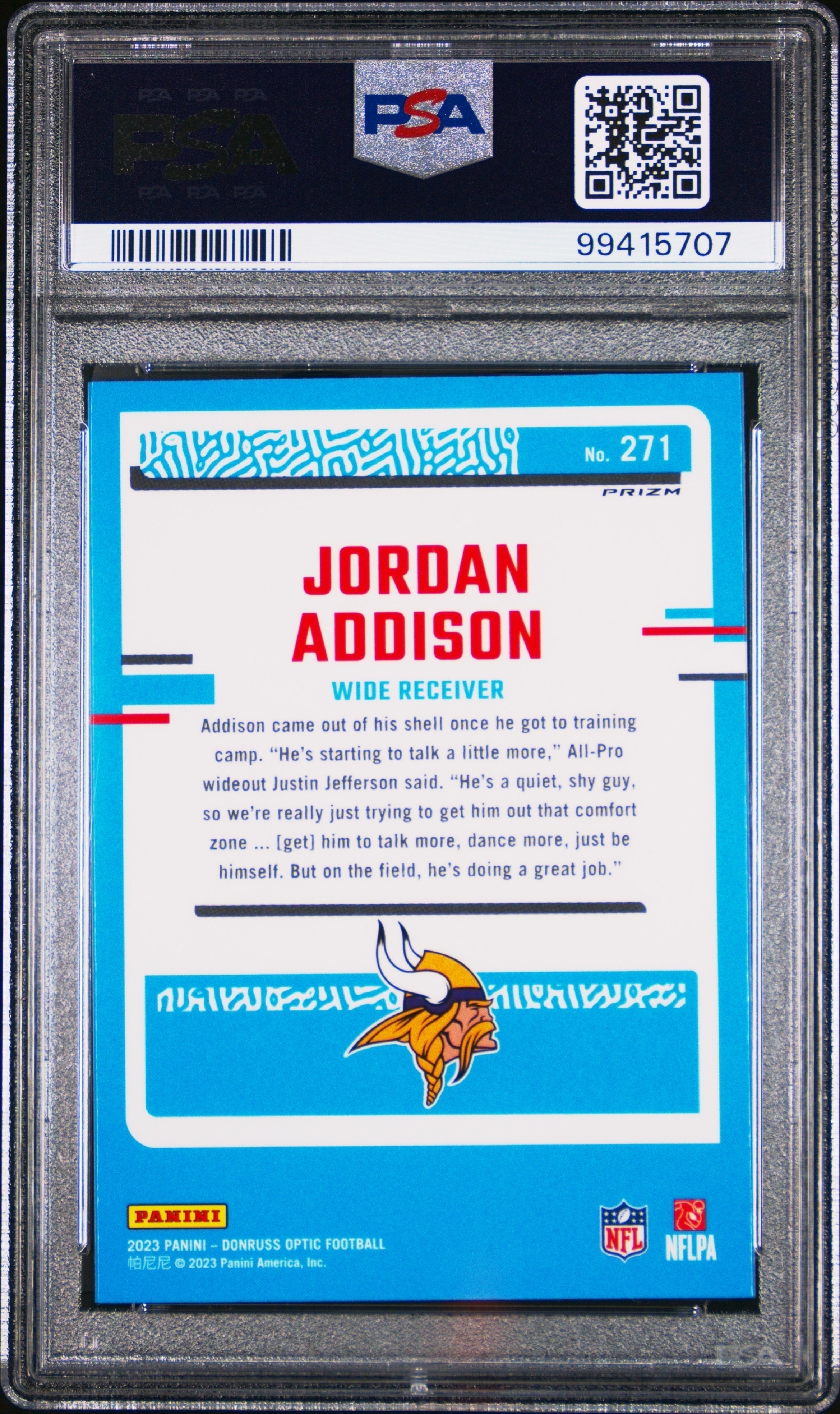 2023 Panini Donruss Optic Jordan Addison #271 (Holo) Gem Mt 10 back