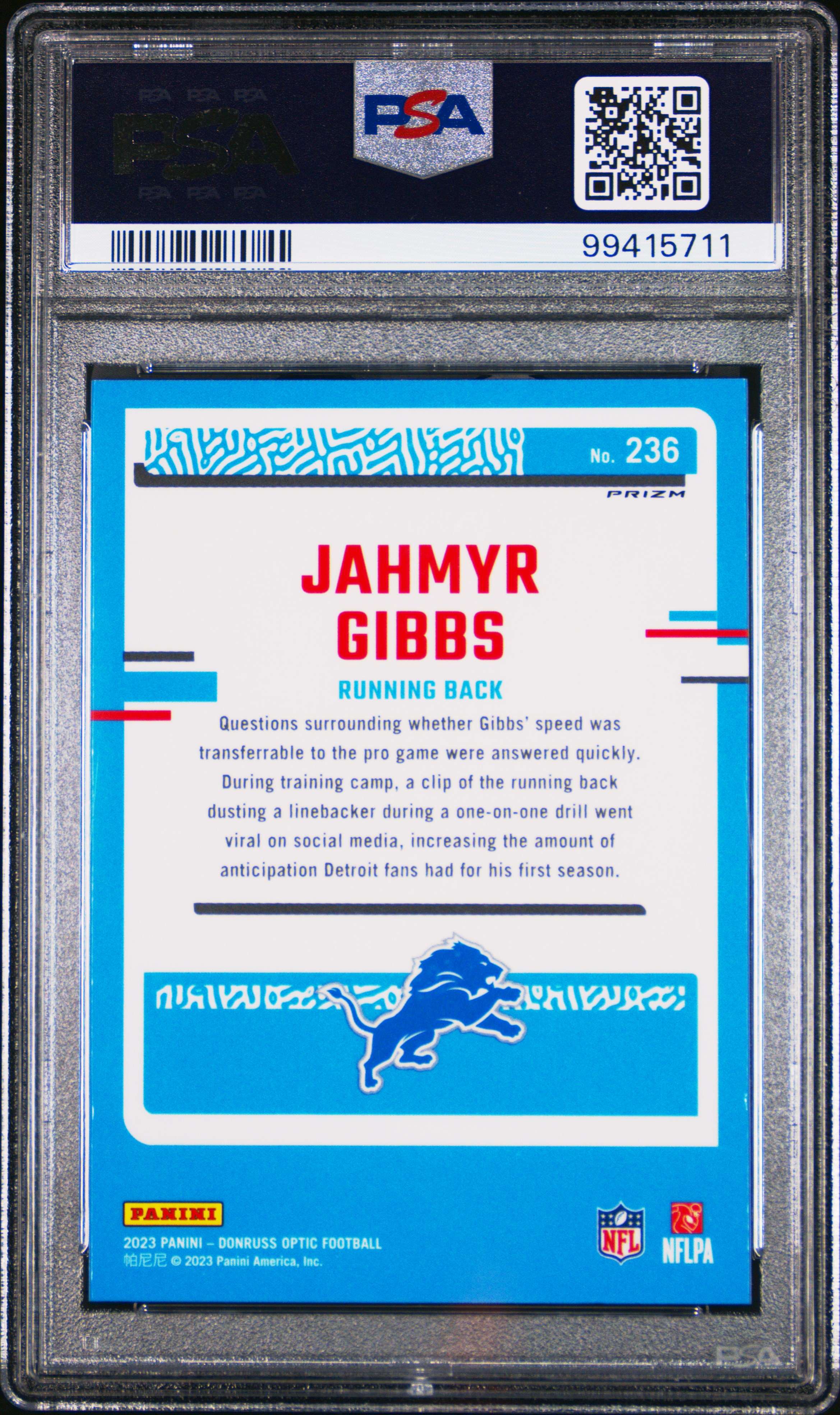 2023 Panini Donruss Optic Jahmyr Gibbs #236 (Holo) Mint 9 back