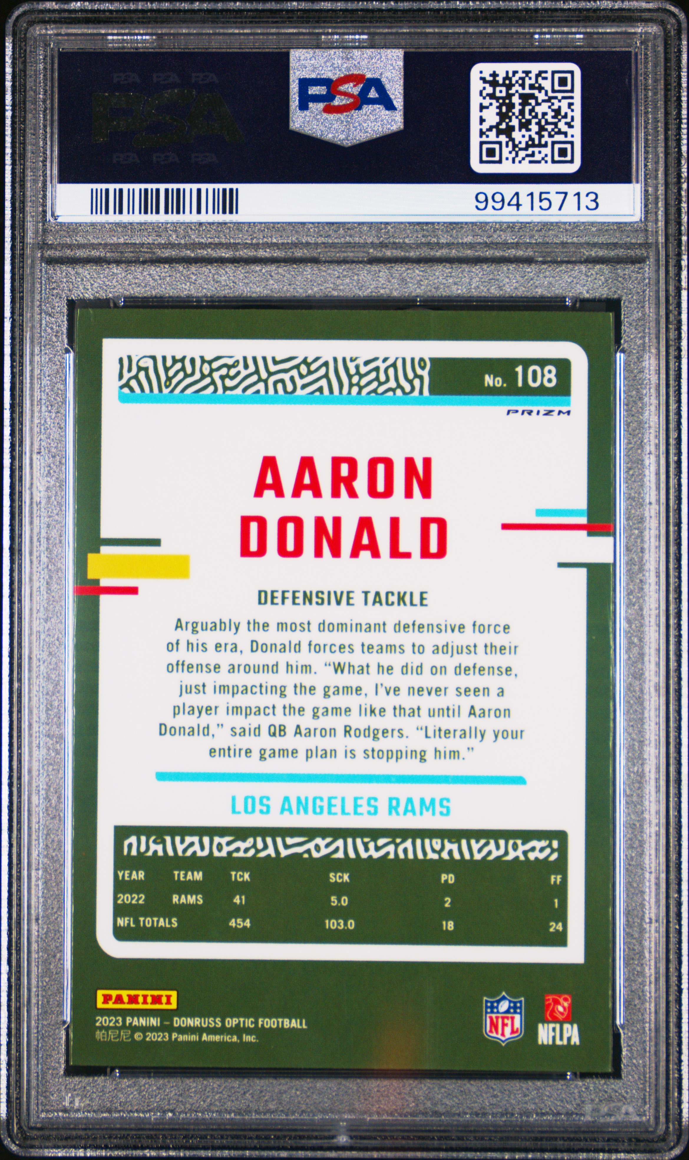 2023 Panini Donruss Optic Aaron Donald #108 (Rocket) Gem Mt 10 back