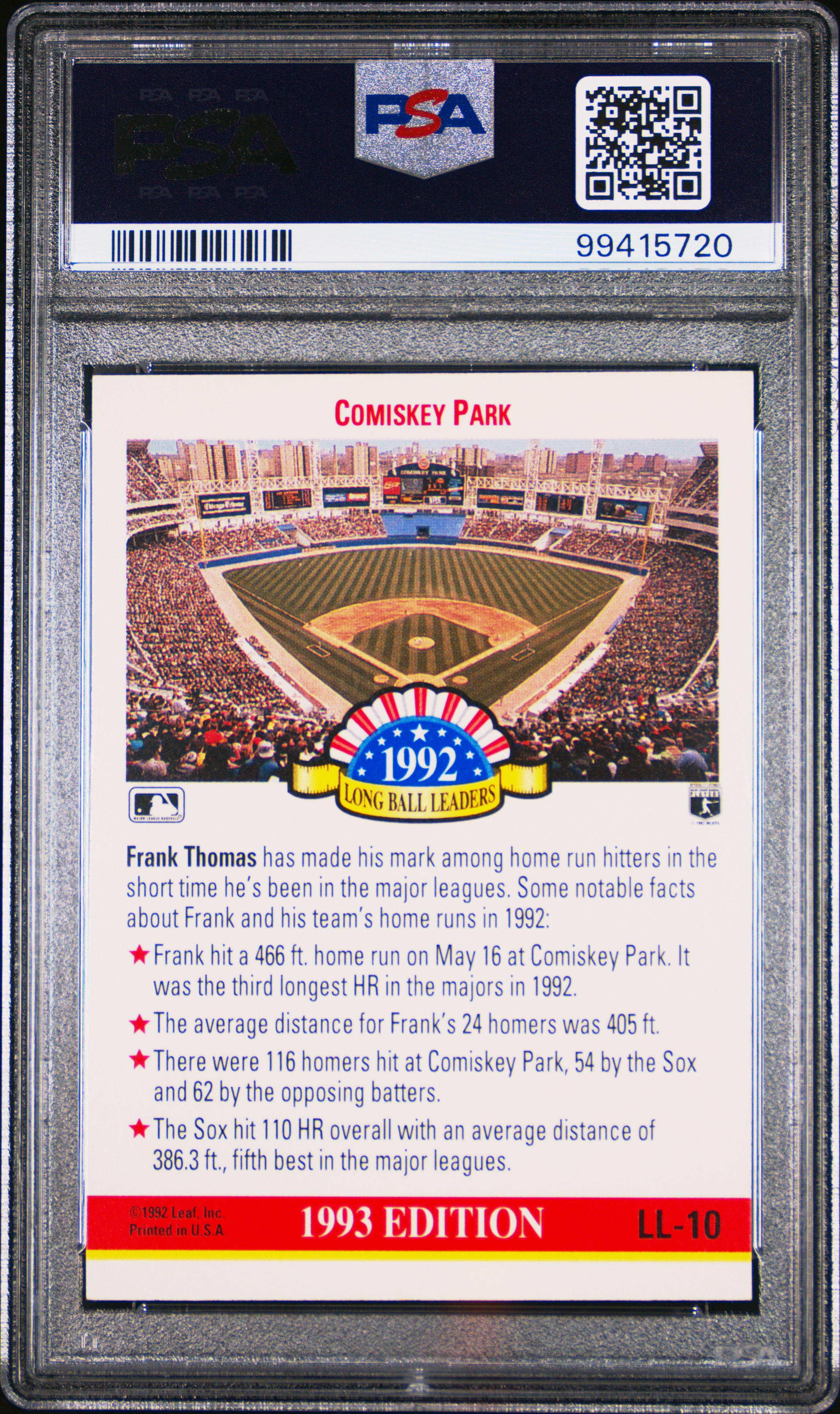 1993 Donruss Long Ball Leaders Frank Thomas #Ll10 (Long Ball Leaders) Mint 9 back