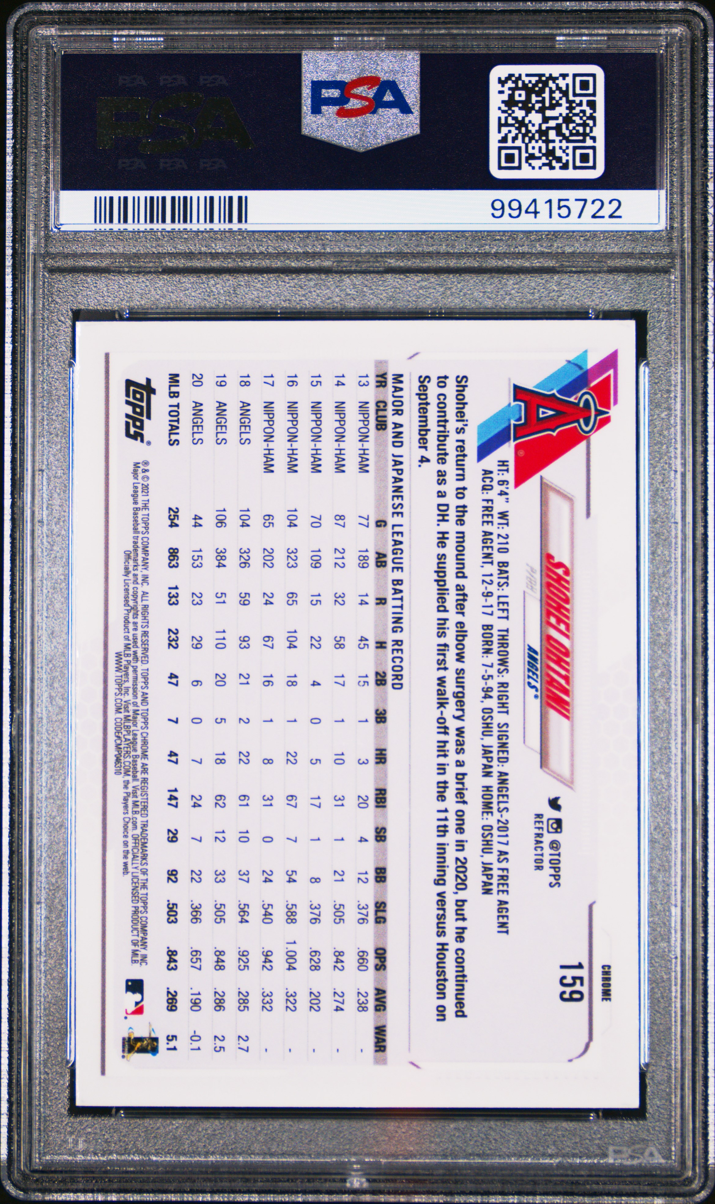 2021 Topps Chrome Shohei Ohtani #159 (Refractor) Mint 9 back