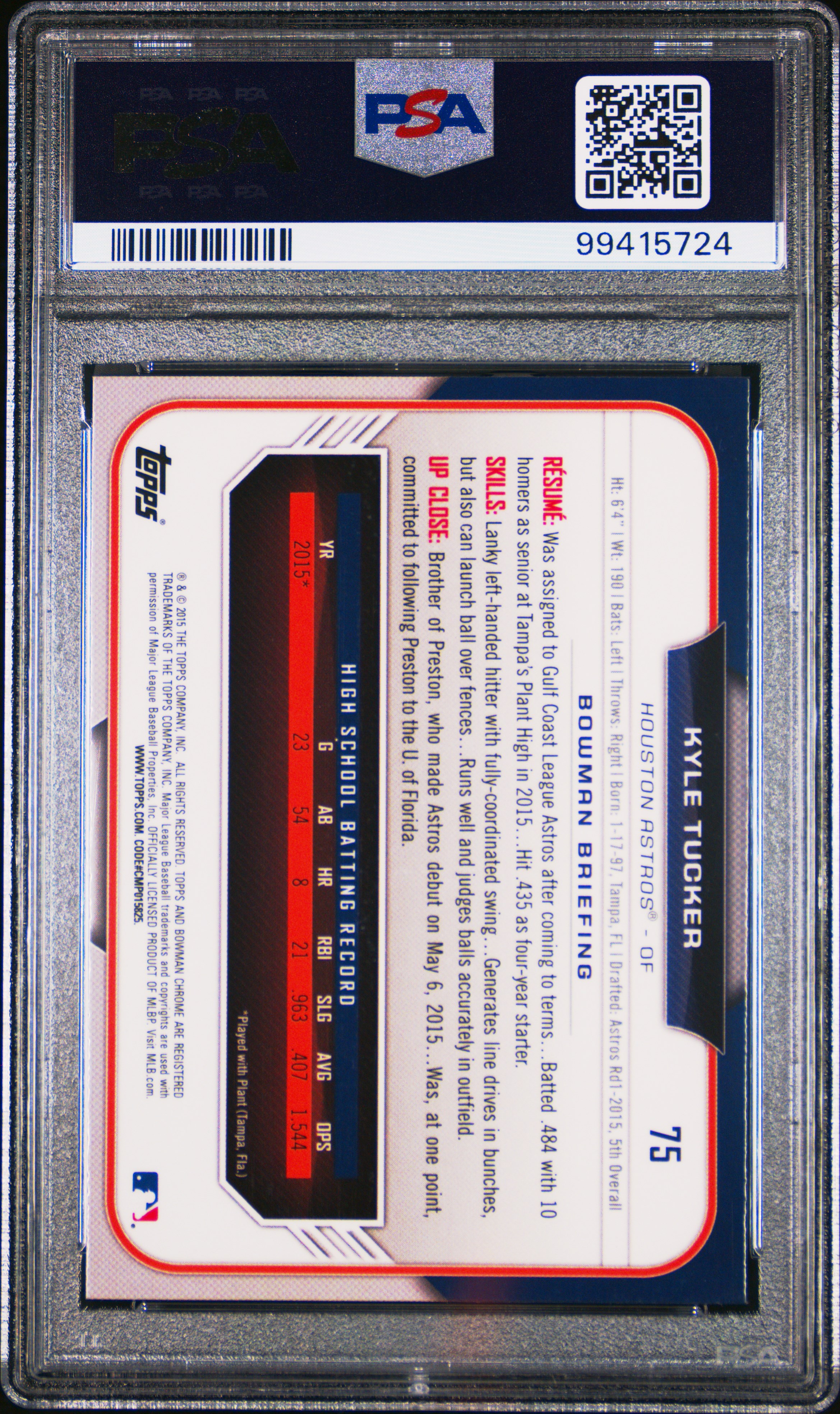 2015 Bowman Draft Kyle Tucker #75 (Chrome) Gem Mt 10 back