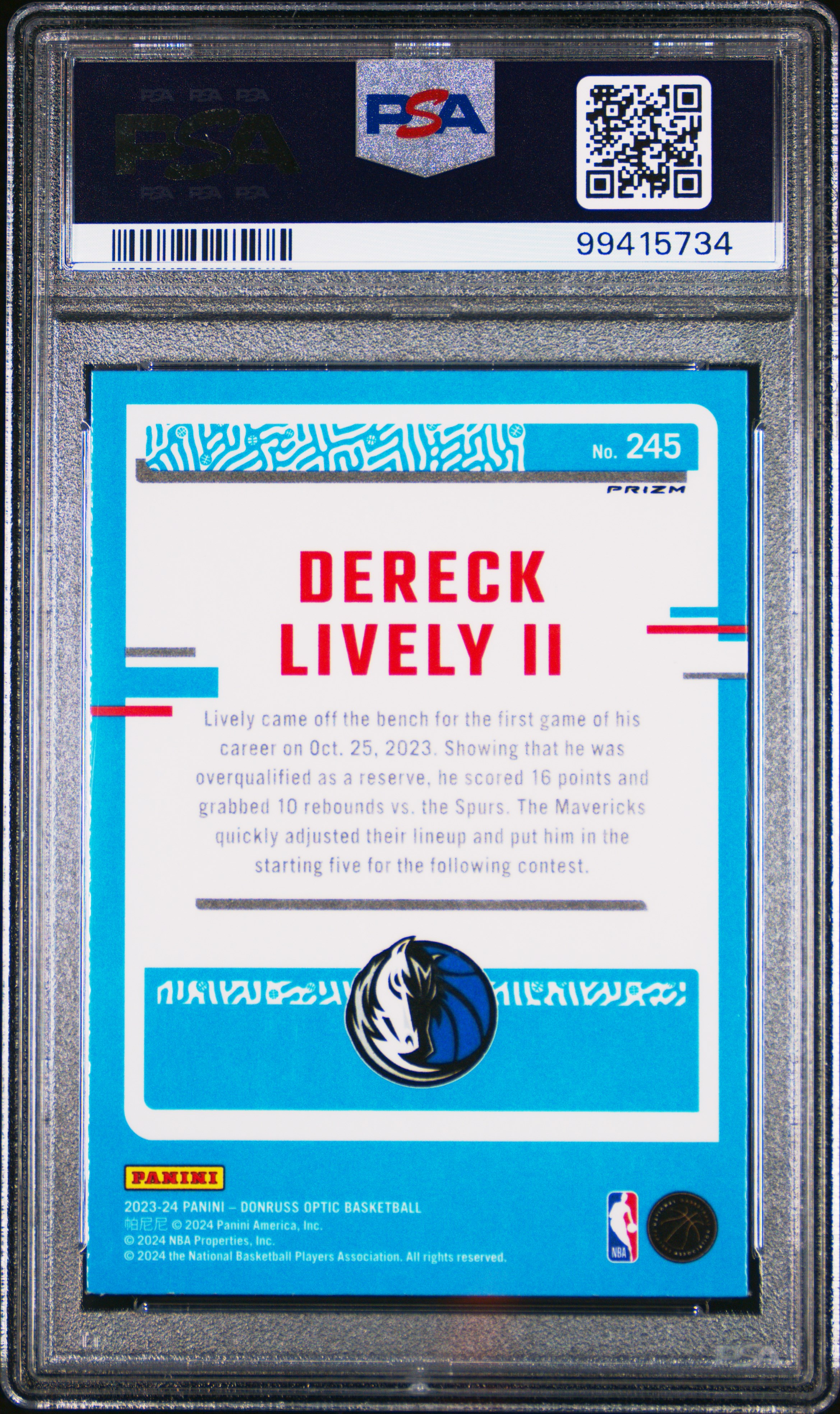2023 Panini Donruss Optic Dereck Lively Ii #245 (Holo) Mint 9 back