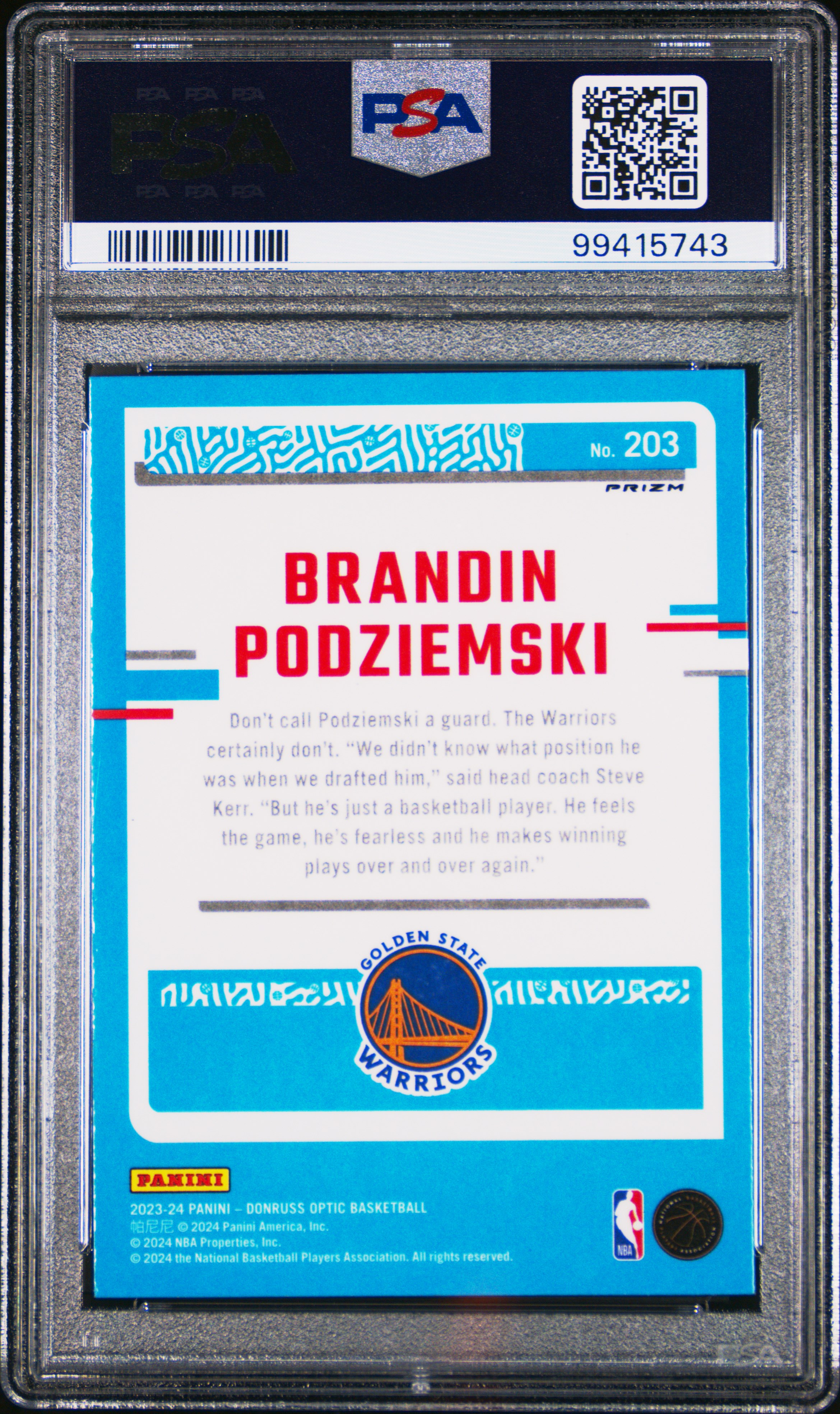 2023 Panini Donruss Optic Brandin Podziemski #203 (Holo) Mint 9 back