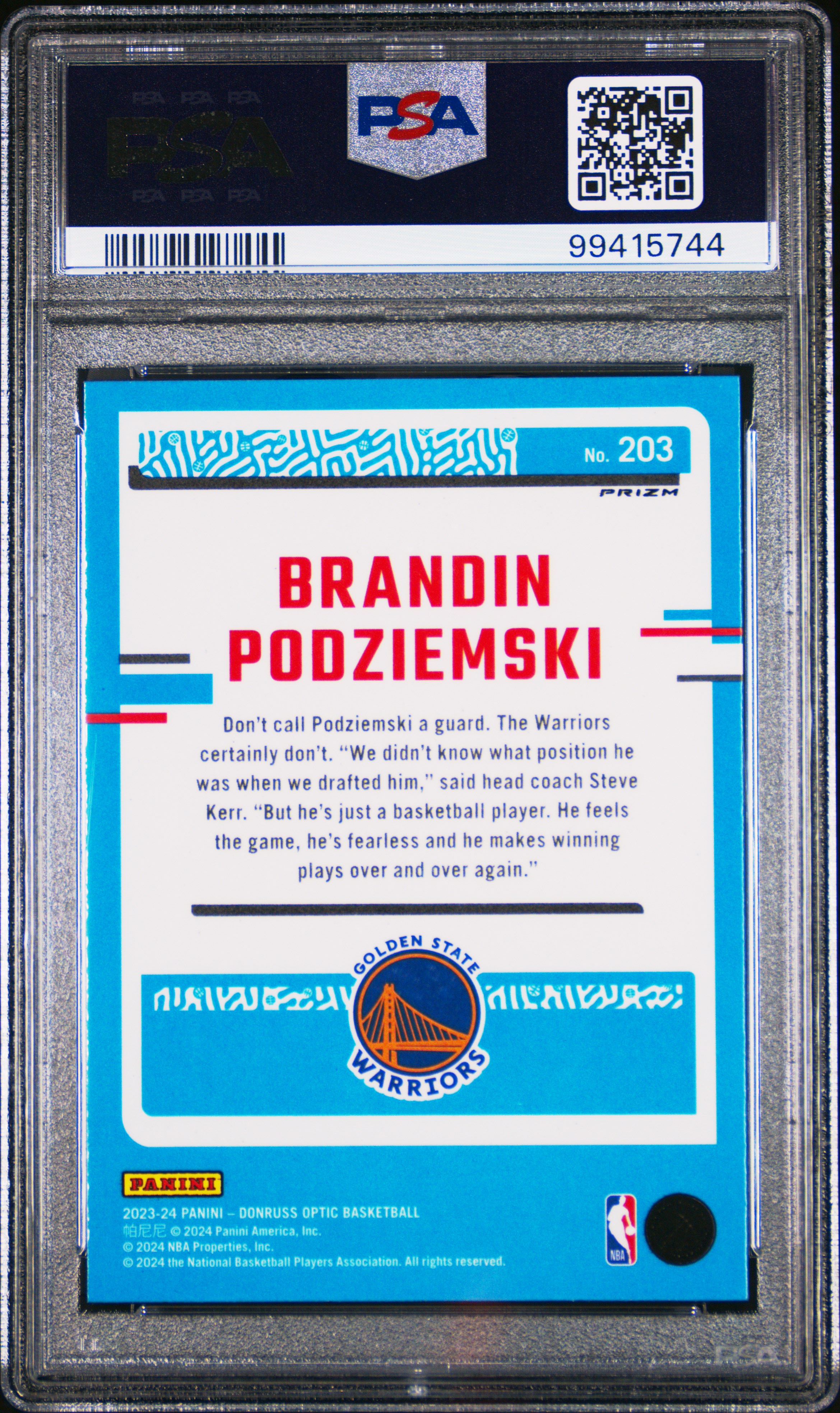 2023 Panini Donruss Optic Brandin Podziemski #203 (Holo) Mint 9 back