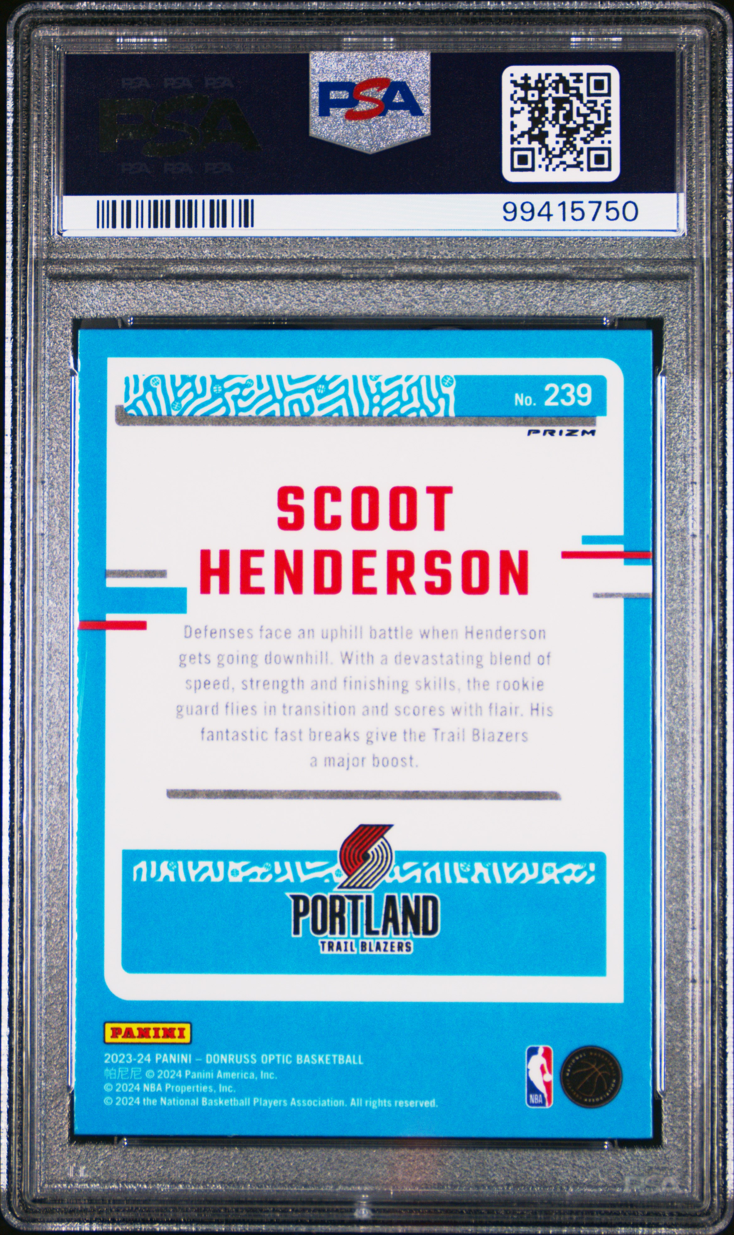 2023 Panini Donruss Optic Scoot Henderson #239 (Holo) Gem Mt 10 back