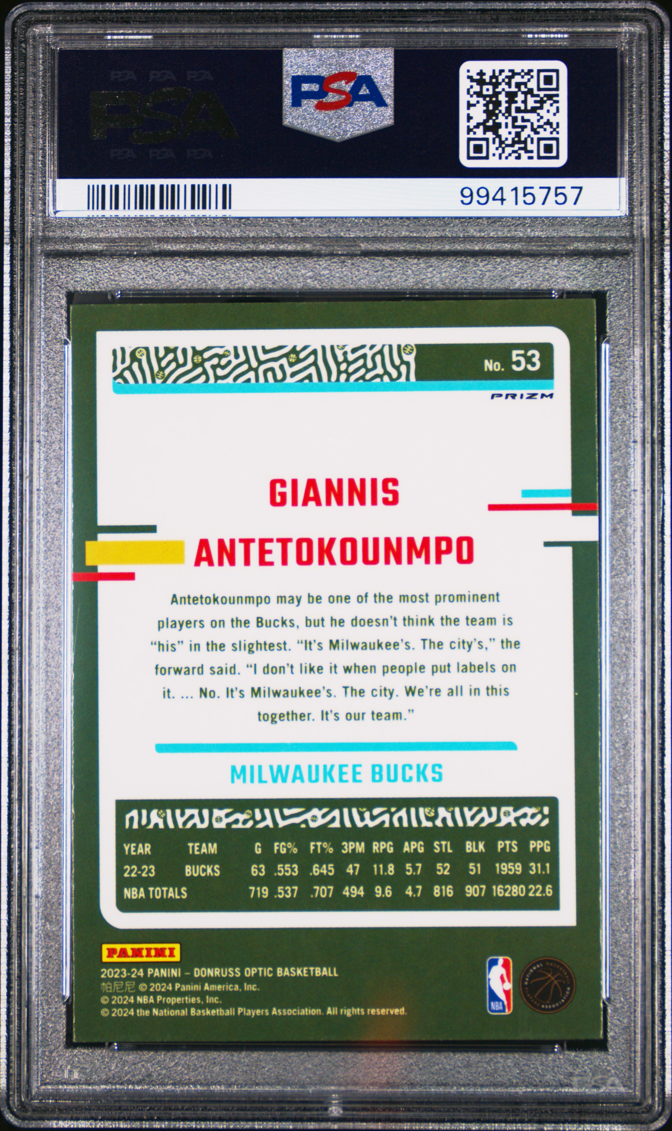 2023 Panini Donruss Optic Giannis Antetokounmpo #53 (Holo) Mint 9 back