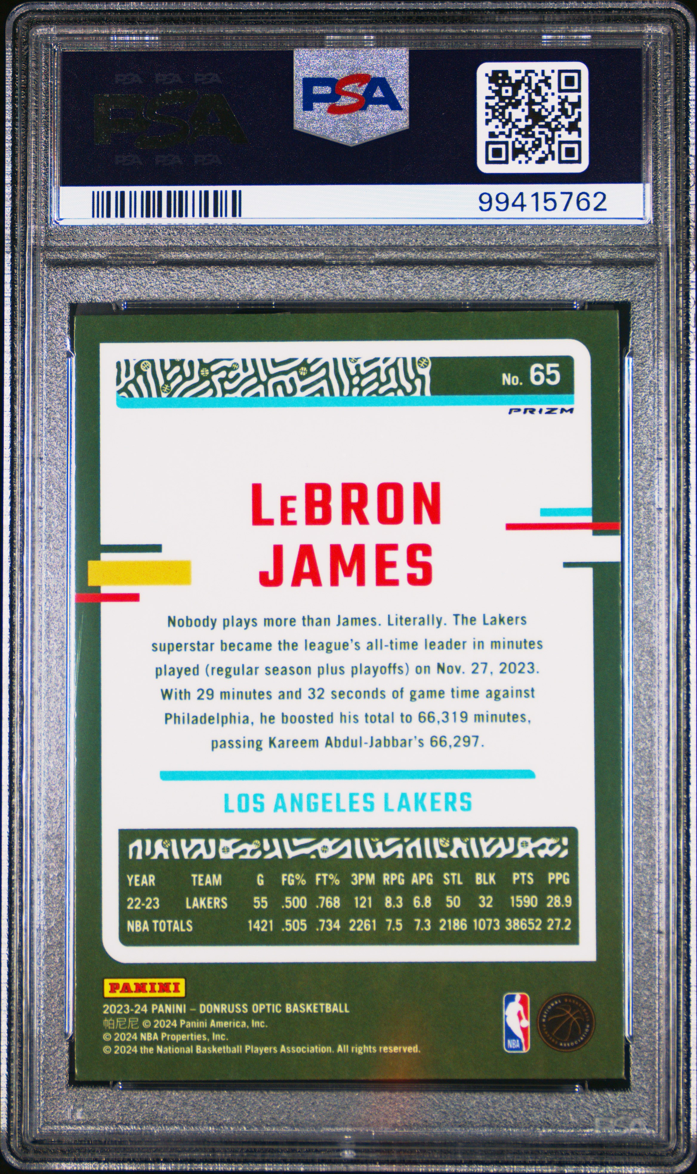 2023 Panini Donruss Optic Lebron James #65 (Holo) Gem Mt 10 back