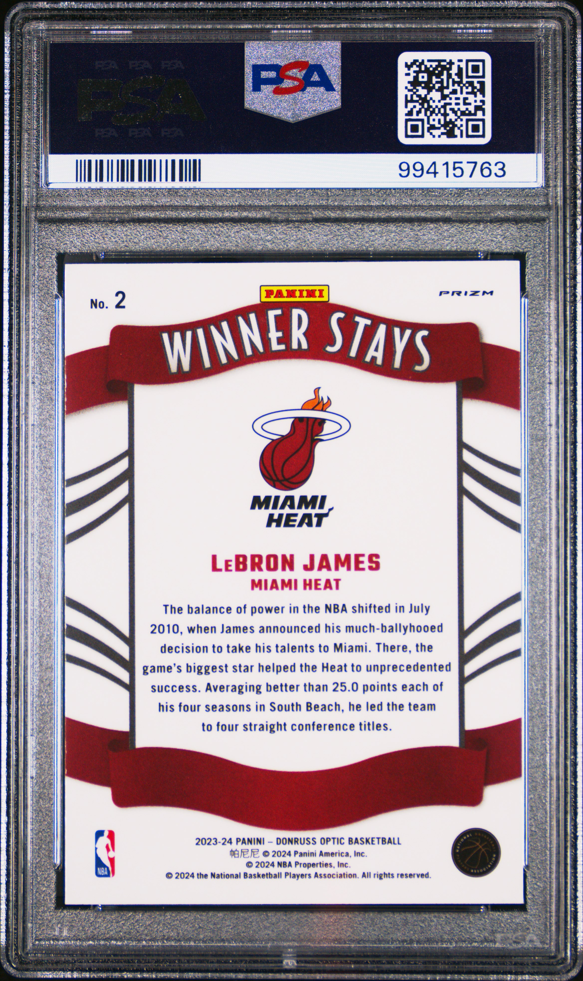 2023 Panini Donruss Optic Winner Stays Lebron James #2 (Winner Stays-Holo) Mint 9 back