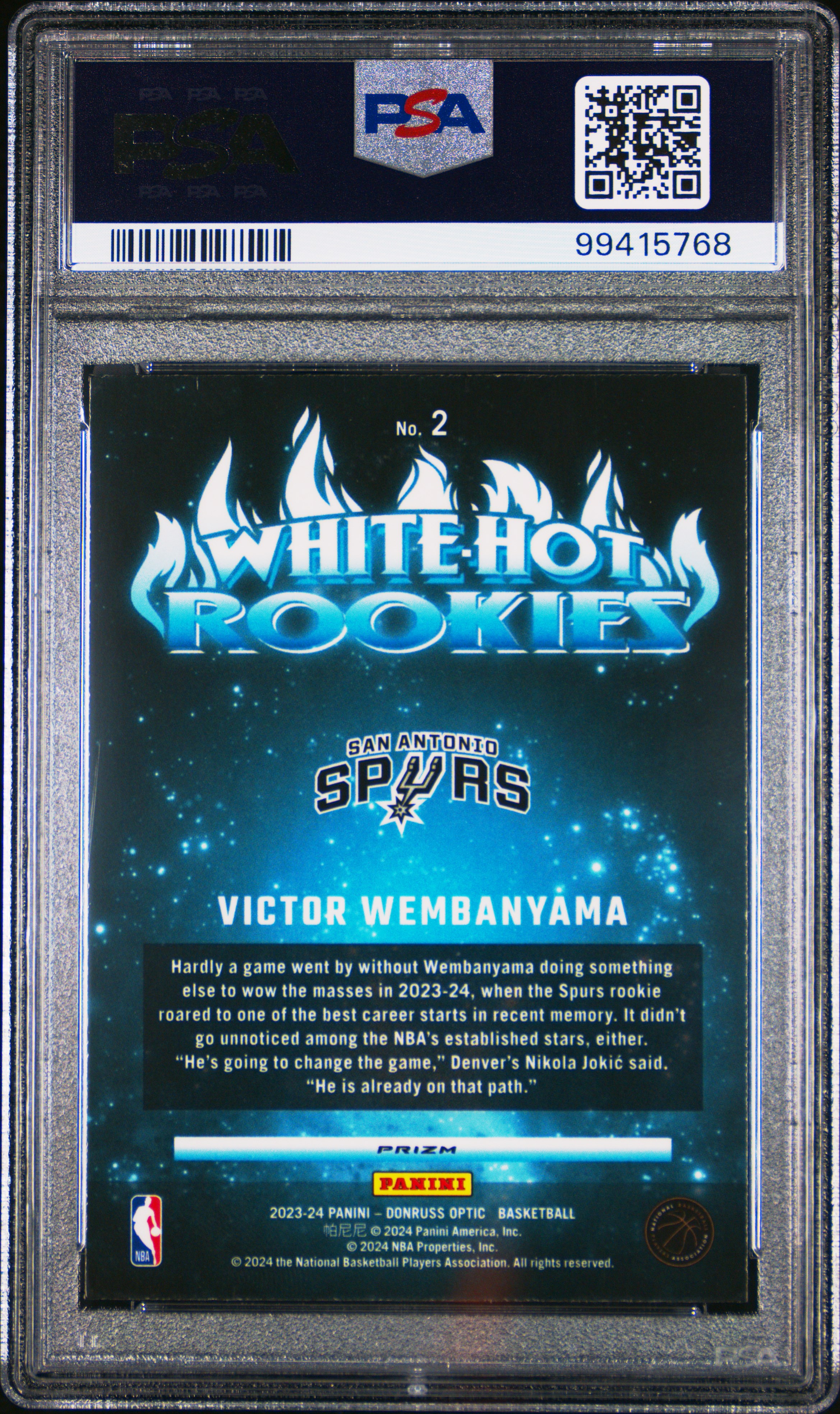 2023 Panini Donruss Optic White Hot Rookies Victor Wembanyama #2 (White Hot Rookies-Holo) Gem Mt 10 back