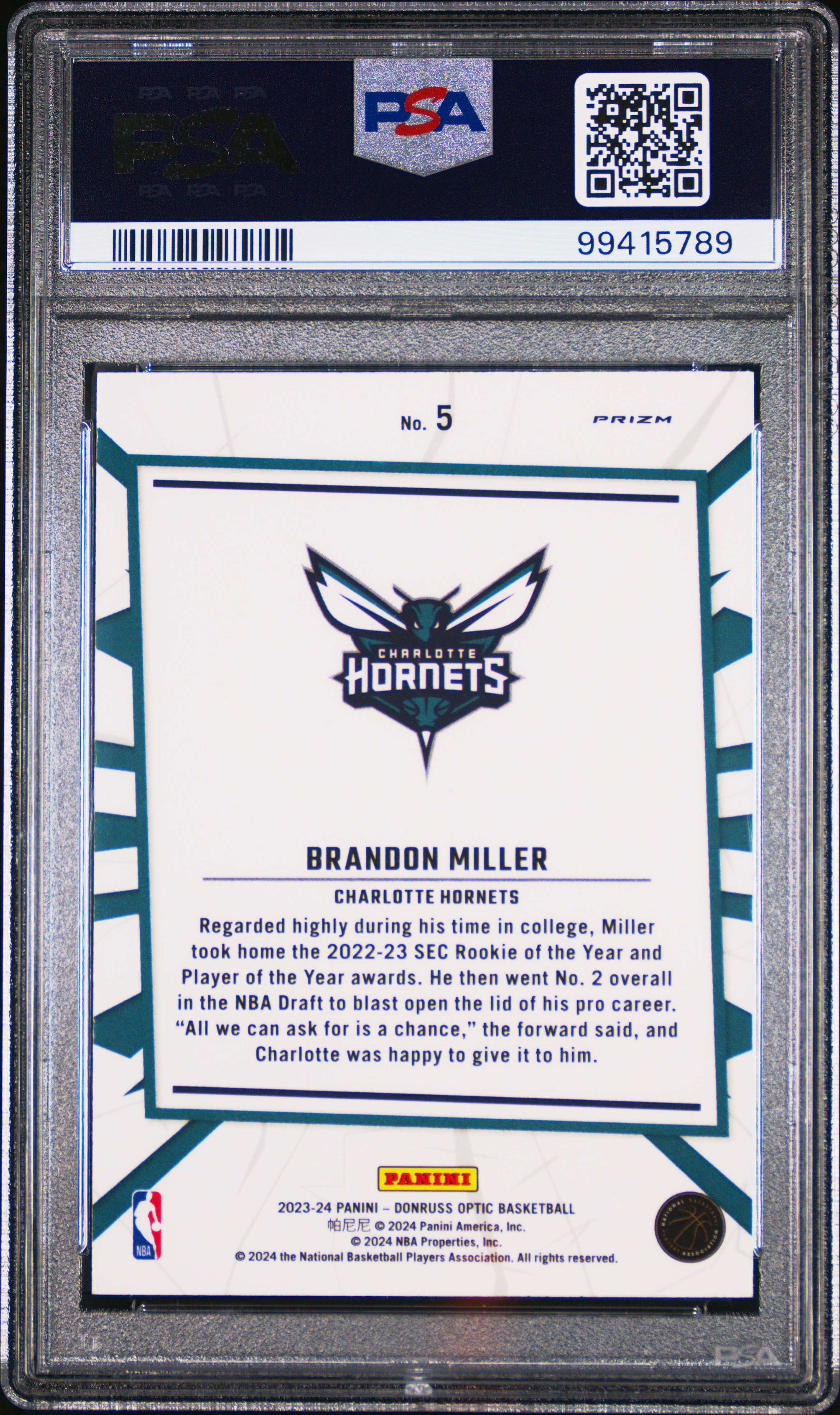 2023 Panini Donruss Optic My House Brandon Miller #5 (My House-Holo) Mint 9 back