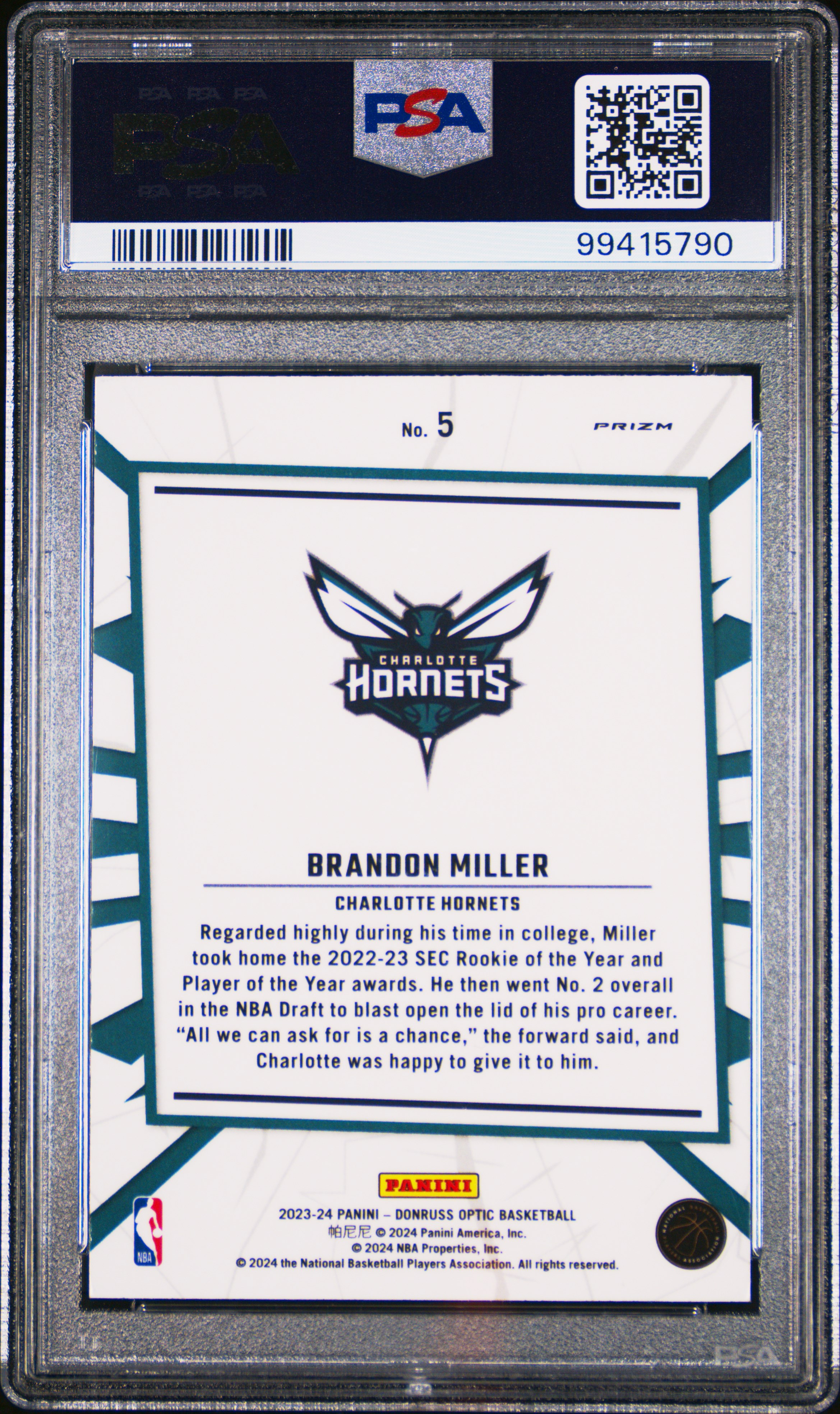 2023 Panini Donruss Optic My House Brandon Miller #5 (My House-Holo) Gem Mt 10 back