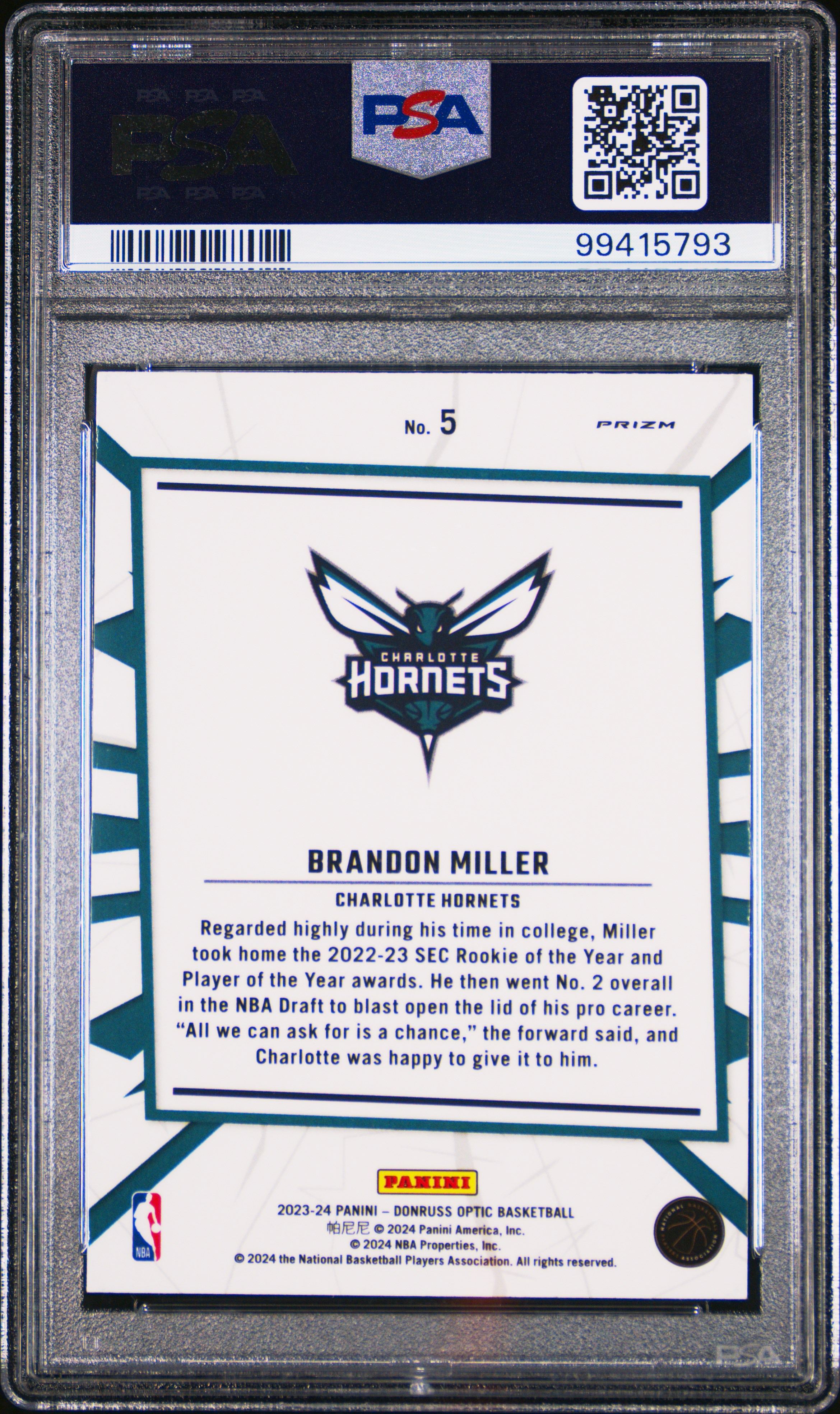 2023 Panini Donruss Optic My House Brandon Miller #5 (My House-Holo) Gem Mt 10 back