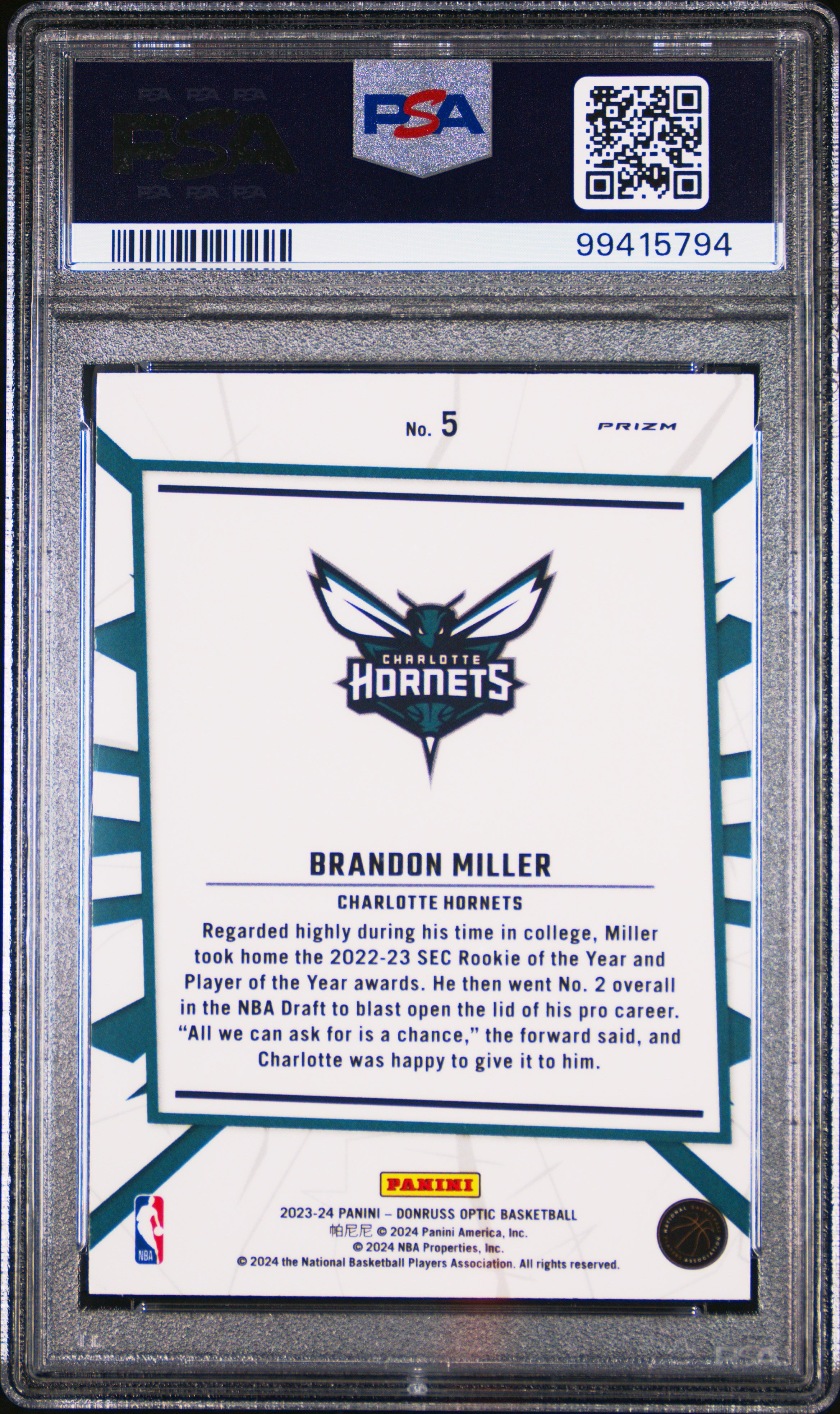 2023 Panini Donruss Optic My House Brandon Miller #5 (My House-Holo) Mint 9 back