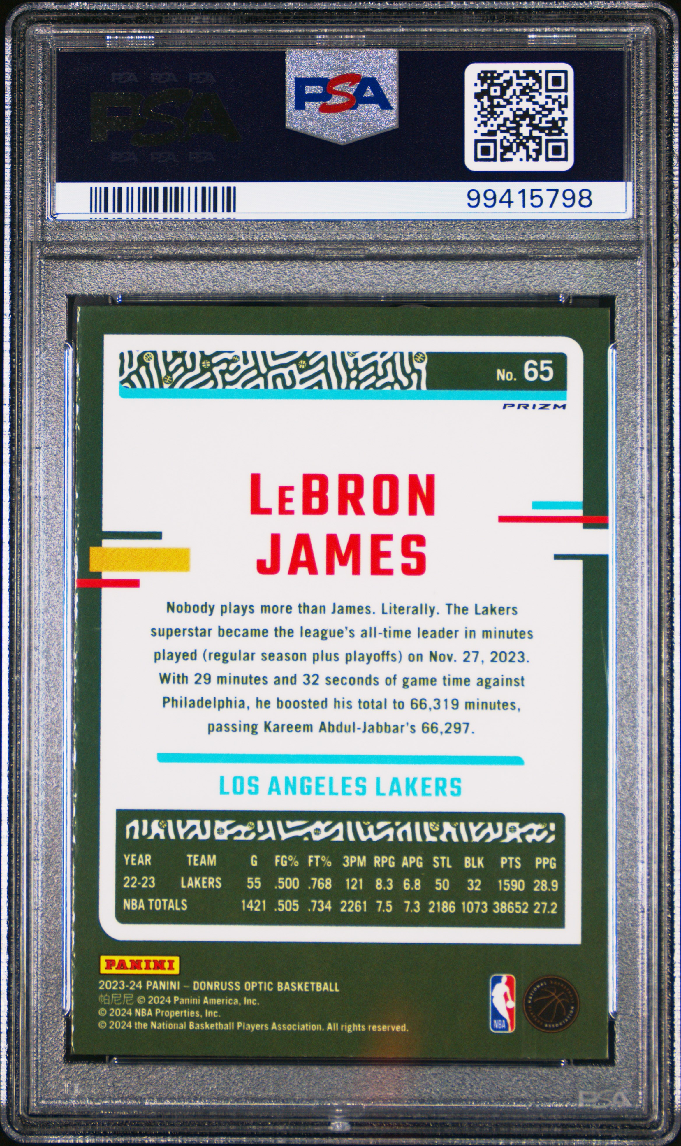2023 Panini Donruss Optic Lebron James #65 (Purple) Gem Mt 10 back