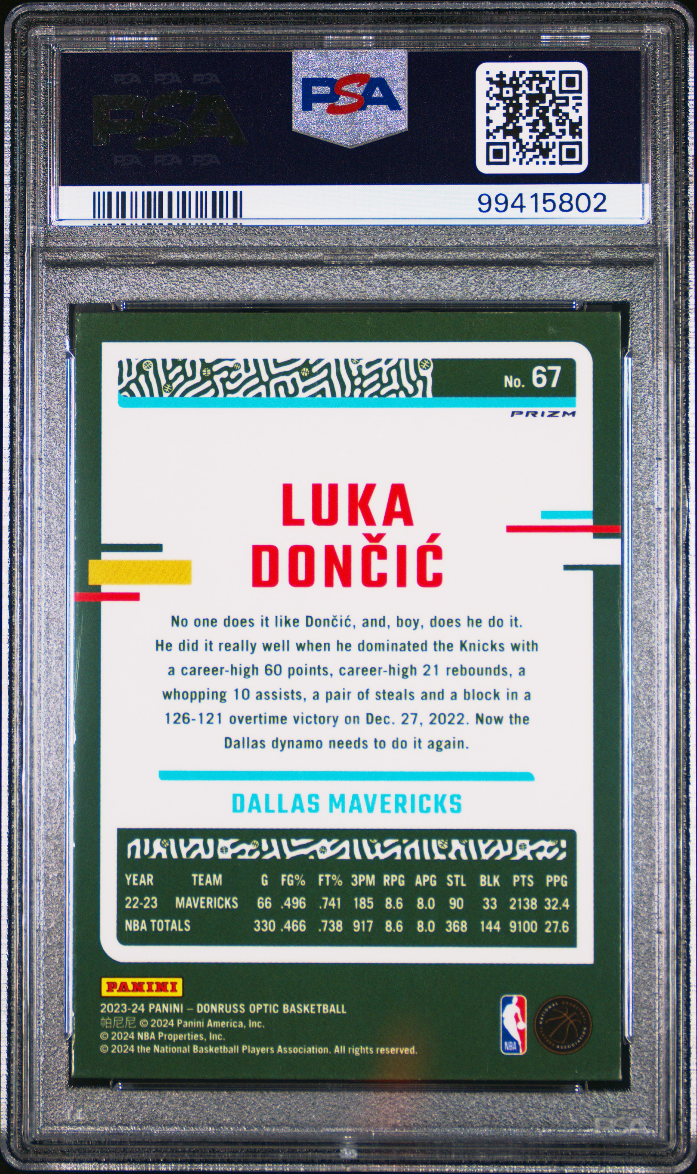 2023 Panini Donruss Optic Luka Doncic #67 (Purple) Mint 9 back