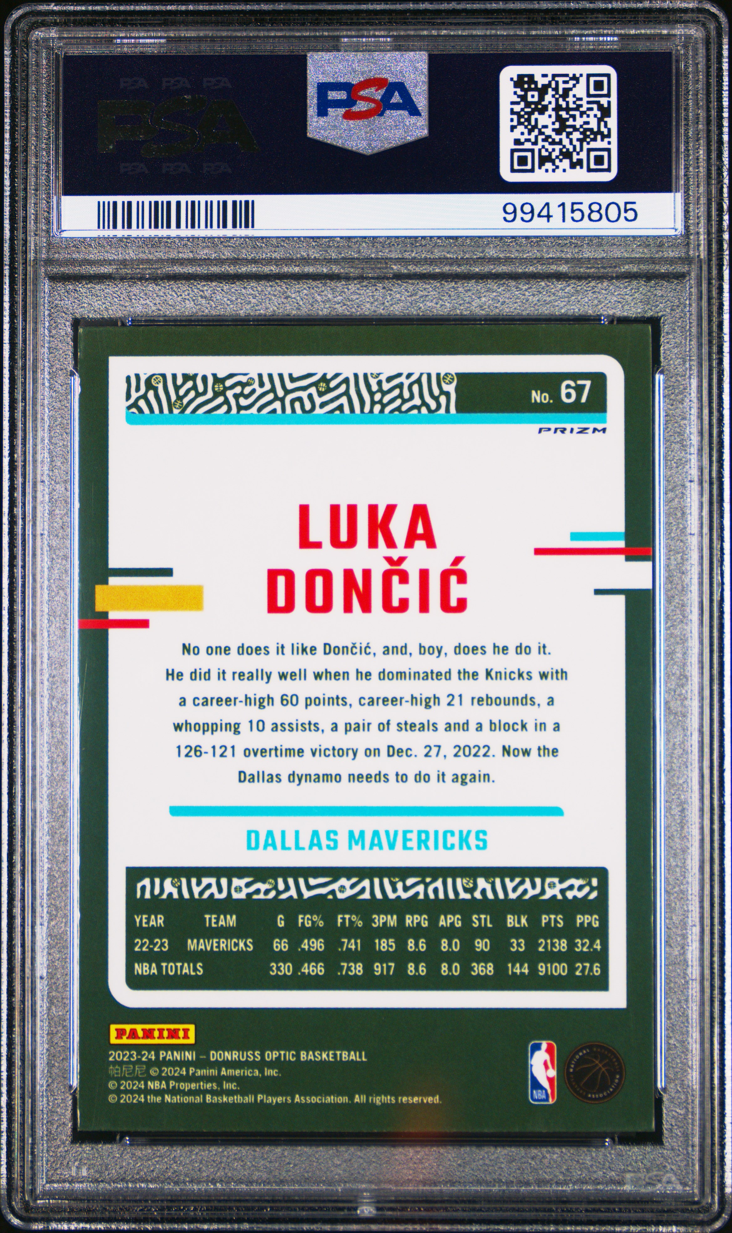 2023 Panini Donruss Optic Luka Doncic #67 (Purple) Gem Mt 10 back