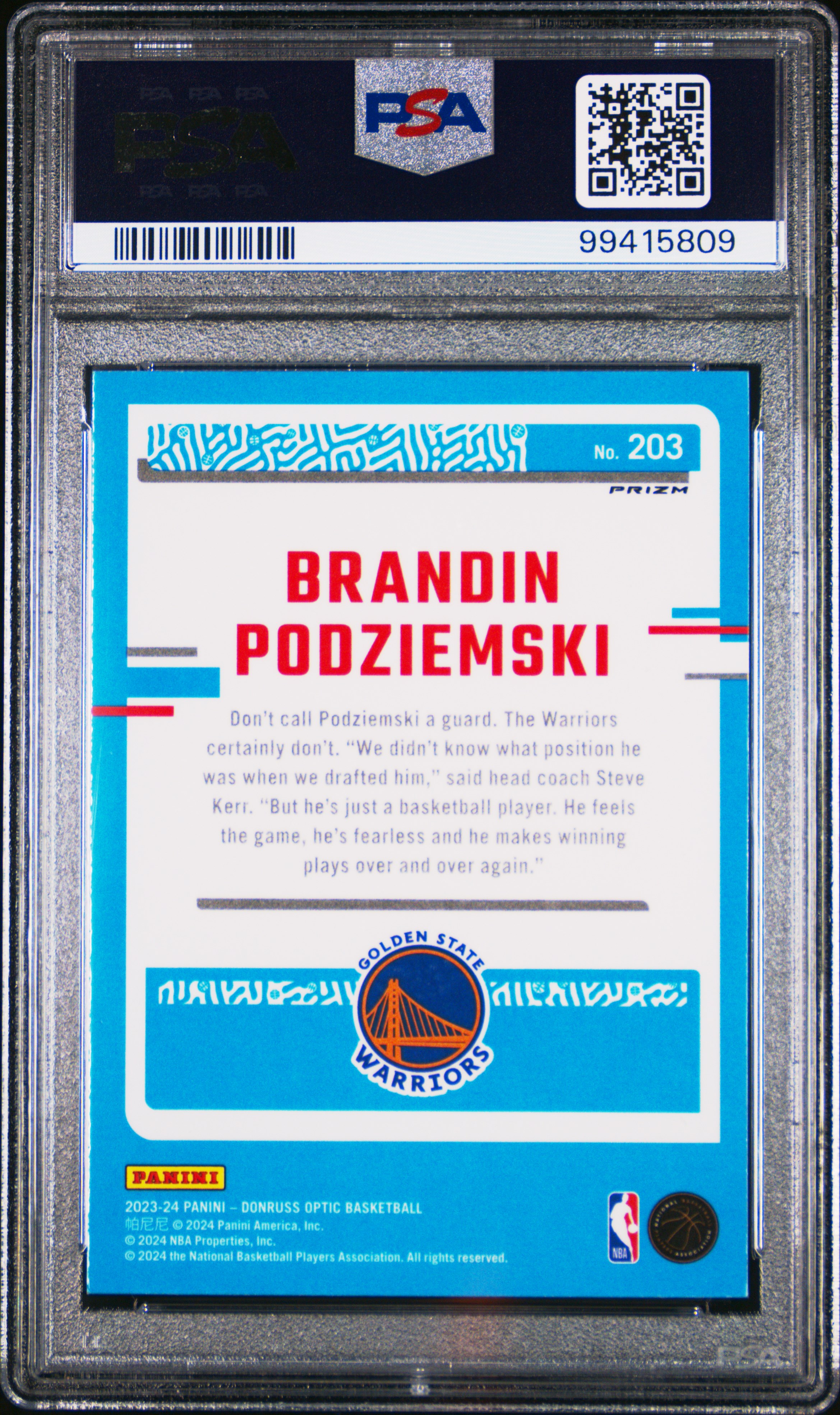 2023 Panini Donruss Optic Brandin Podziemski #203 (Purple) Mint 9 back