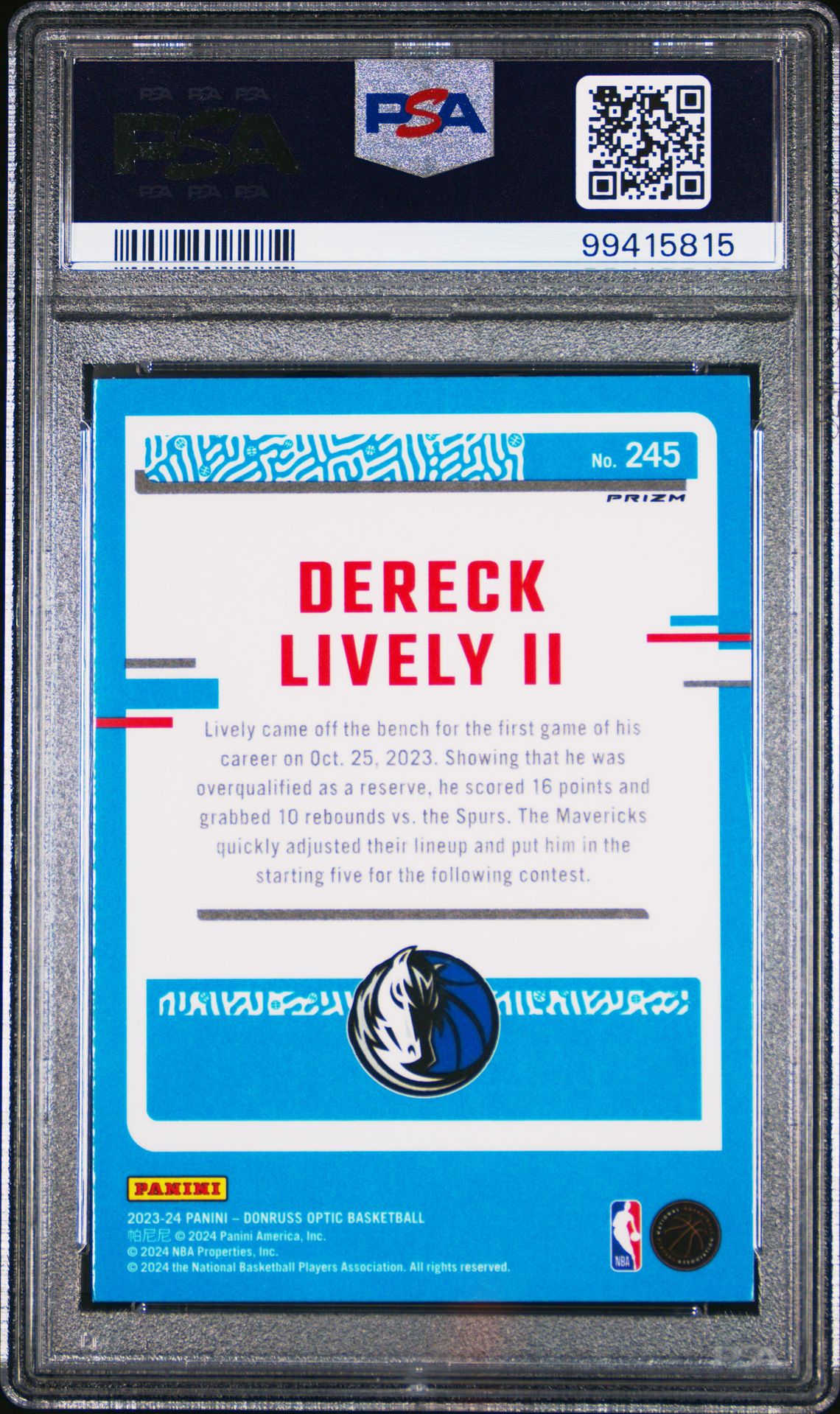 2023 Panini Donruss Optic Dereck Lively Ii #245 (Purple) Mint 9 back