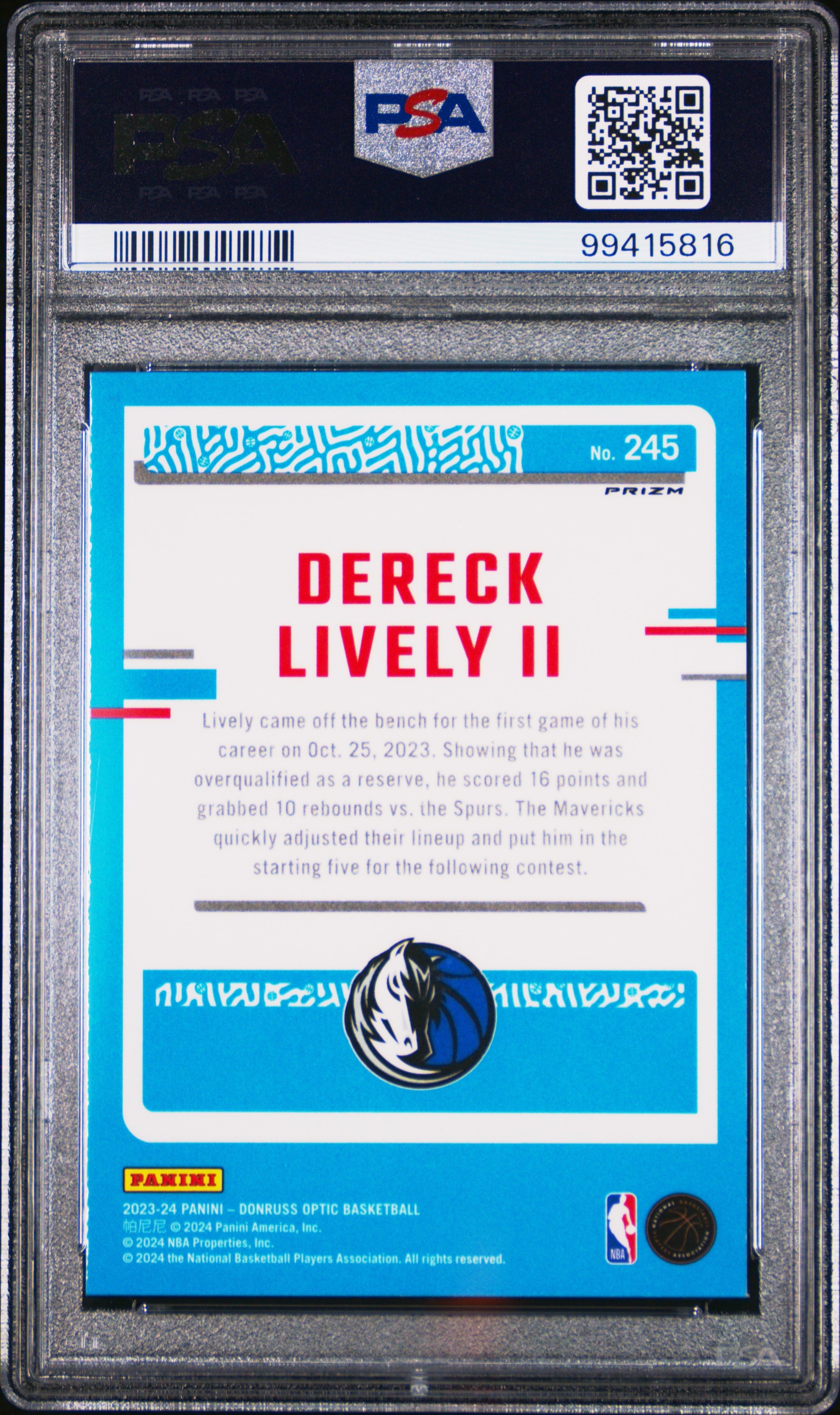 2023 Panini Donruss Optic Dereck Lively Ii #245 (Purple) Mint 9 back