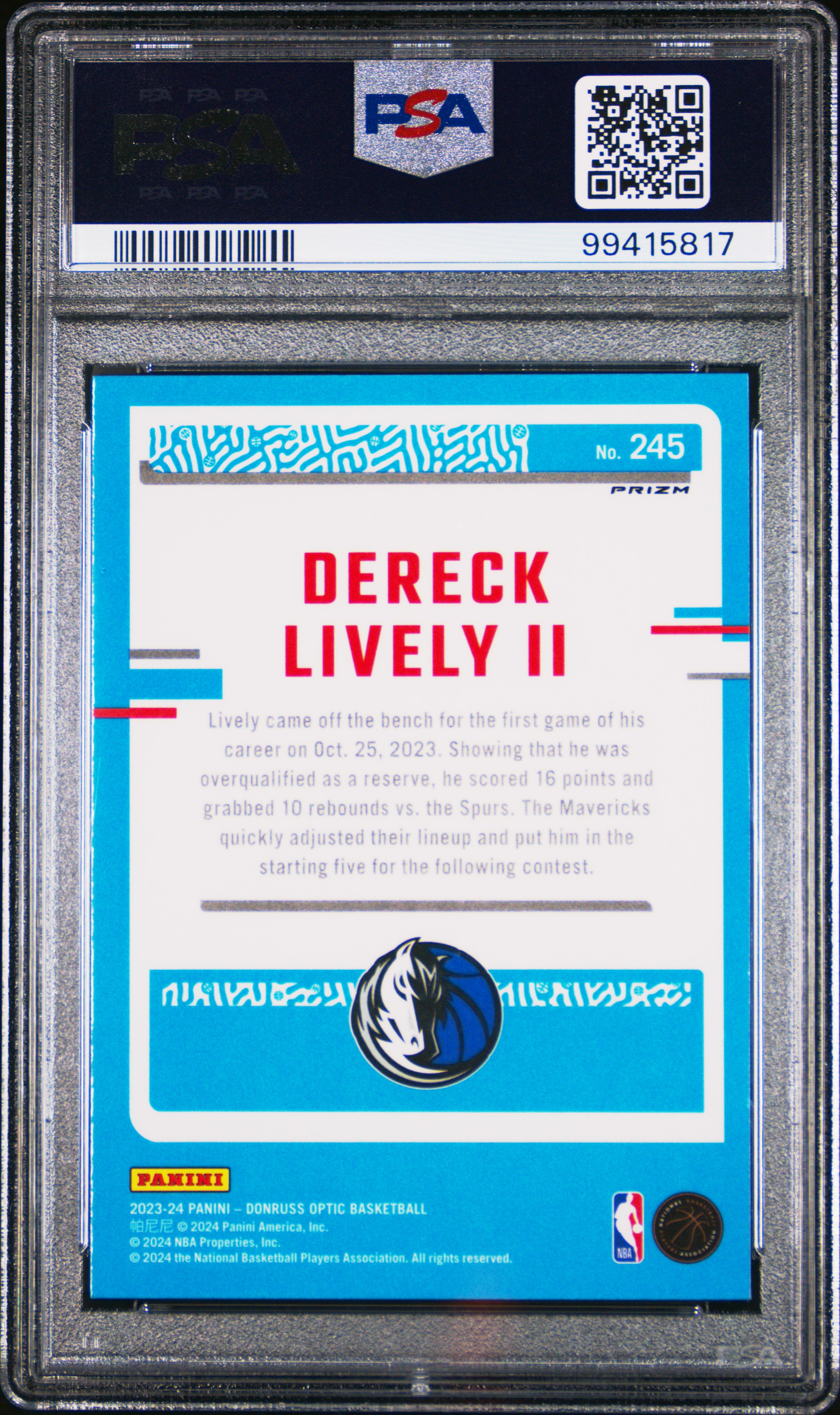 2023 Panini Donruss Optic Dereck Lively Ii #245 (Purple) Mint 9 back