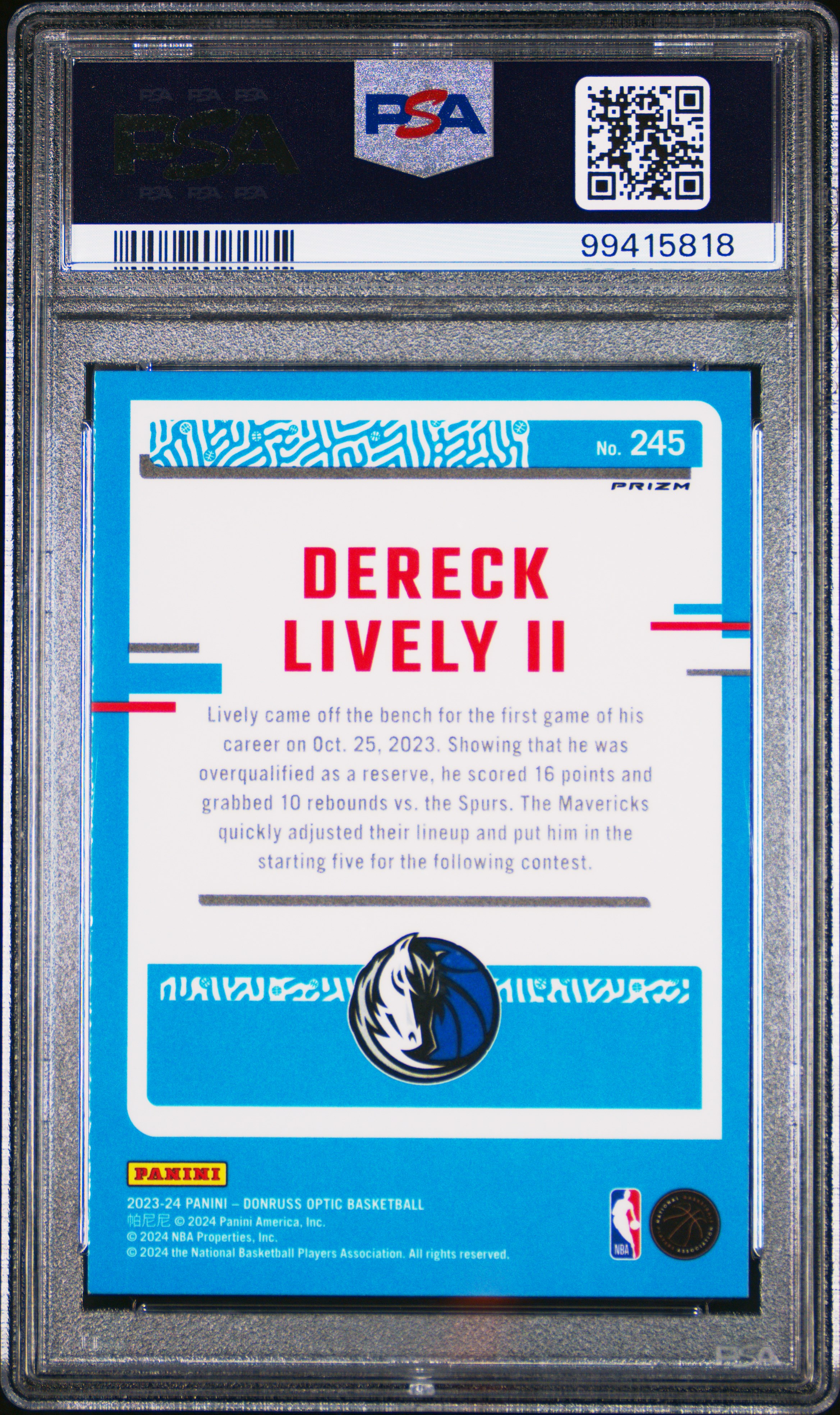 2023 Panini Donruss Optic Dereck Lively Ii #245 (Purple) Mint 9 back