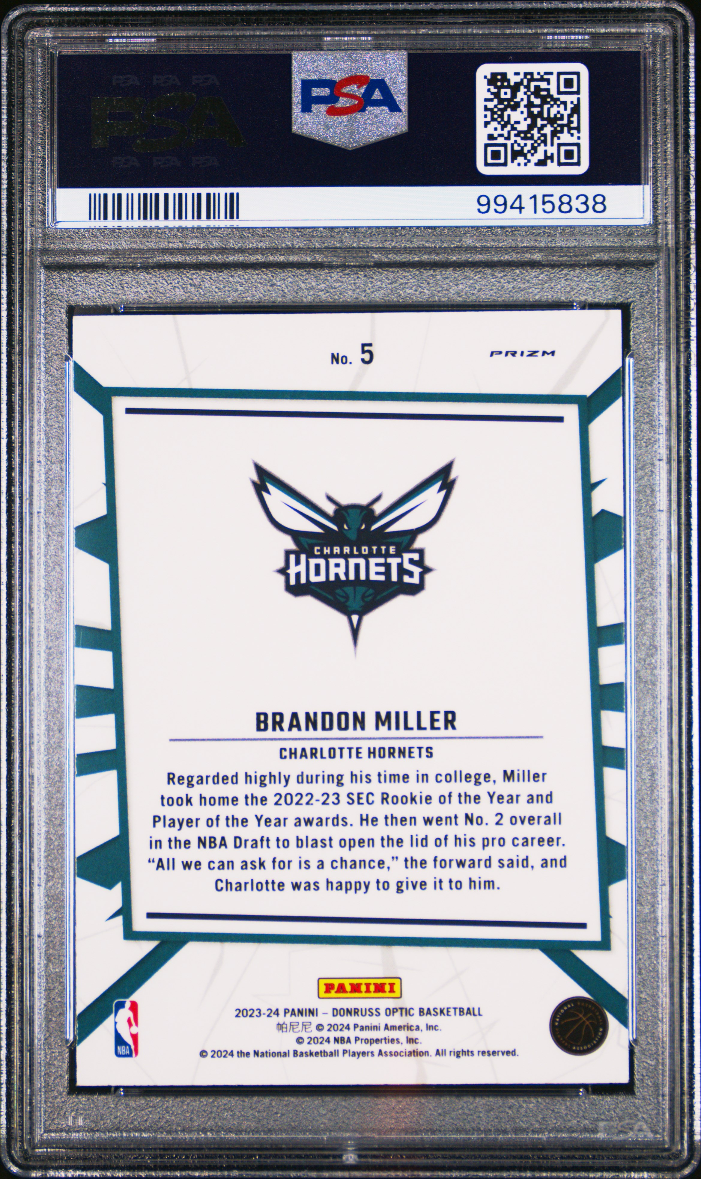 2023 Panini Donruss Optic My House Brandon Miller #5 (My House-Purple) Gem Mt 10 back