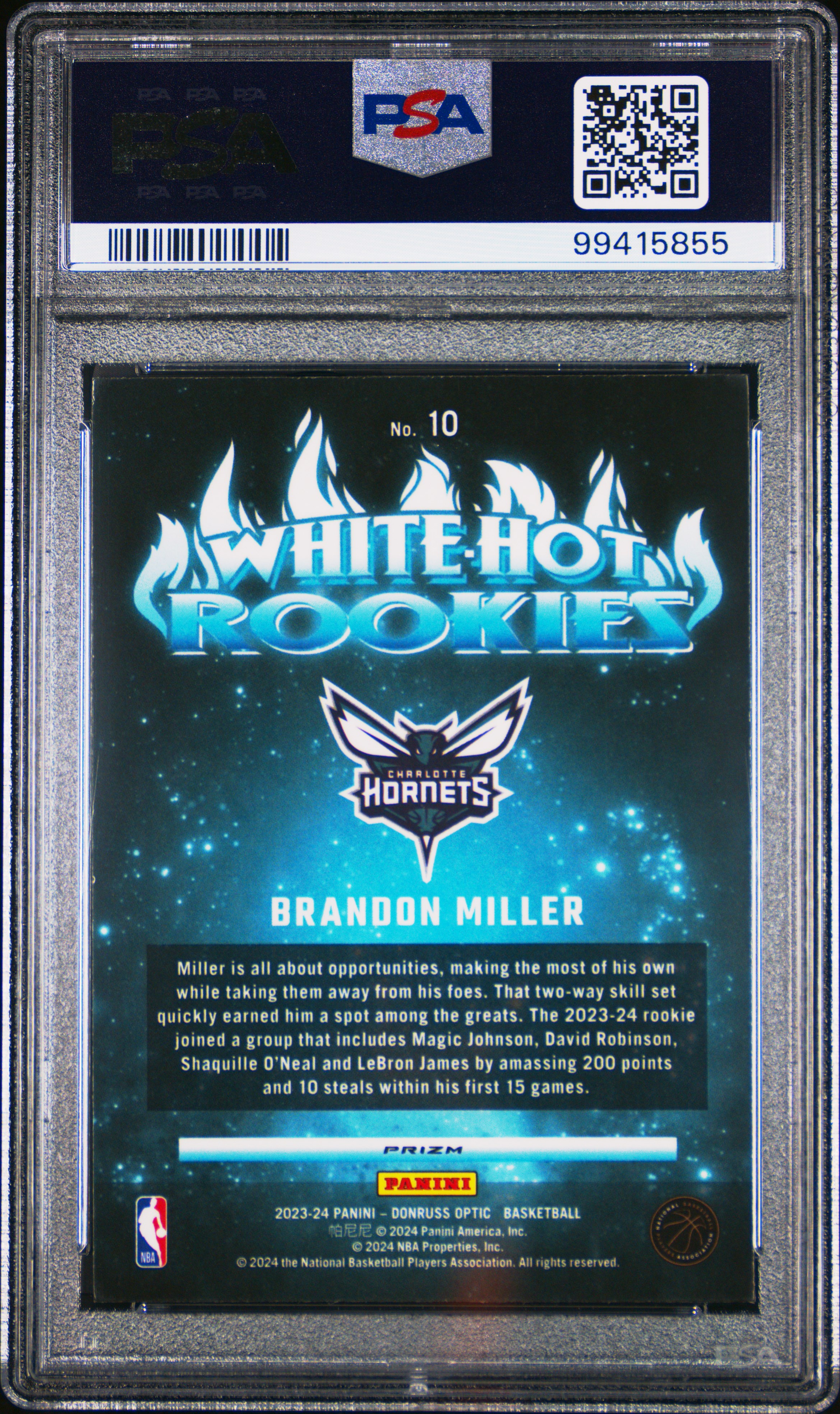 2023 Panini Donruss Optic White Hot Rookies Brandon Miller #10 (White Hot Rookies-Purple) Mint 9 back