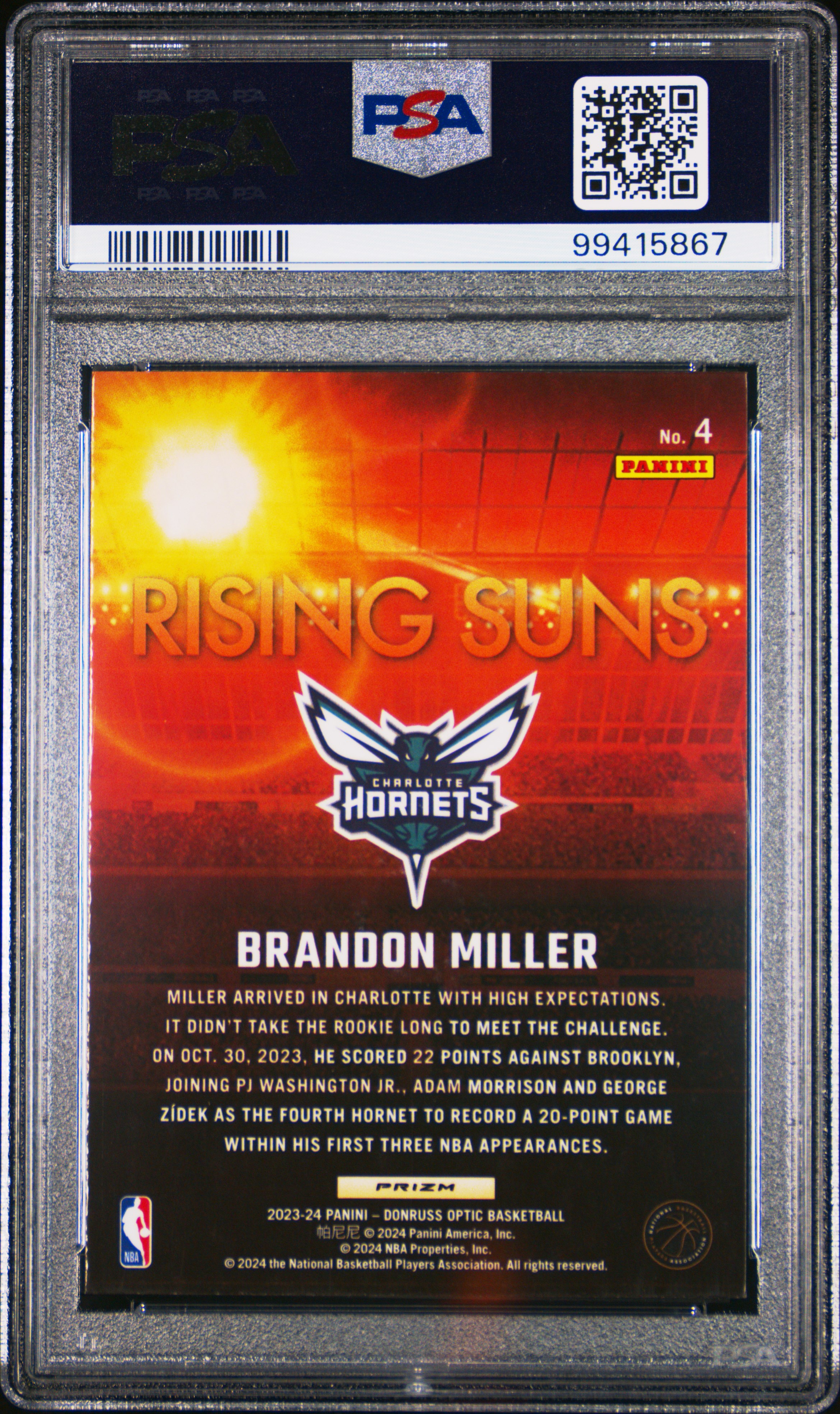 2023 Panini Donruss Optic Rising Suns Brandon Miller #4 (Rising Suns-Holo) Gem Mt 10 back