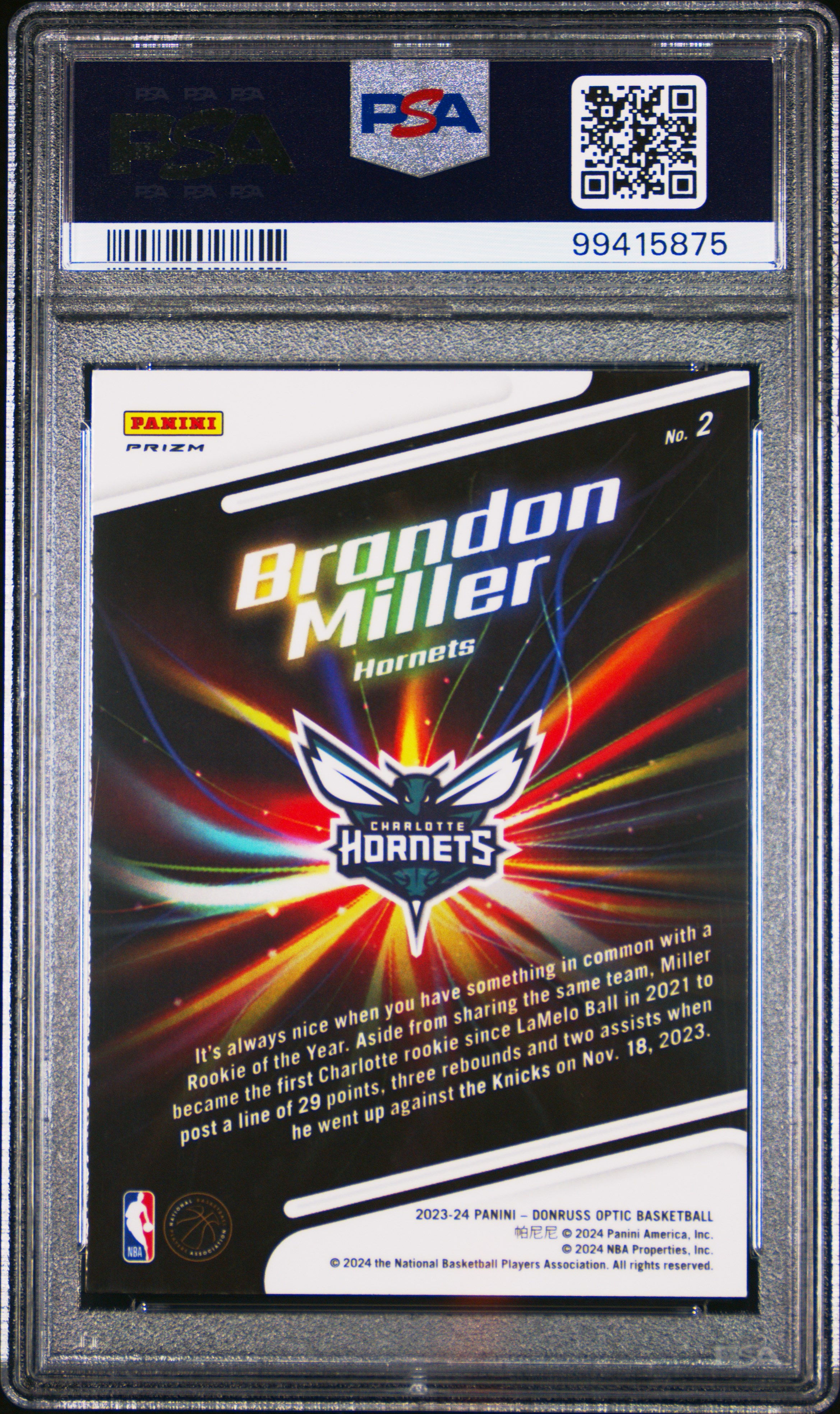 2023 Panini Donruss Optic Lights Out Brandon Miller #2 (Lights Out-Holo) Gem Mt 10 back