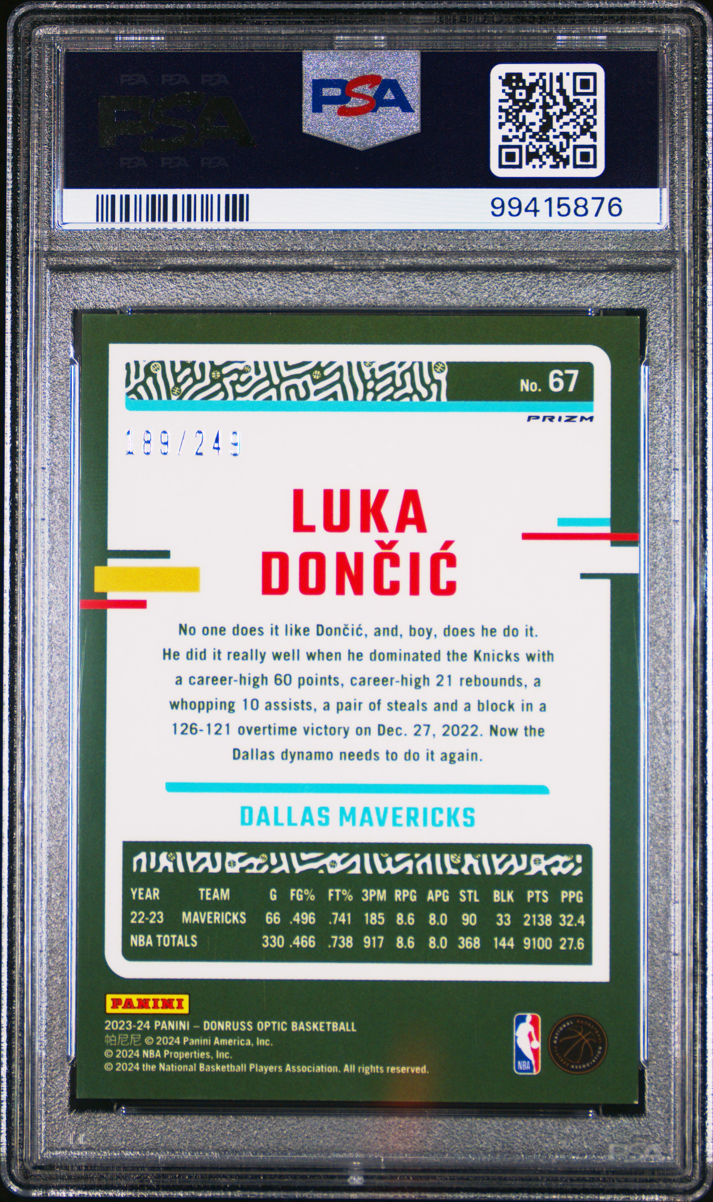 2023 Panini Donruss Optic Luka Doncic #67 (Aqua) Mint 9 back
