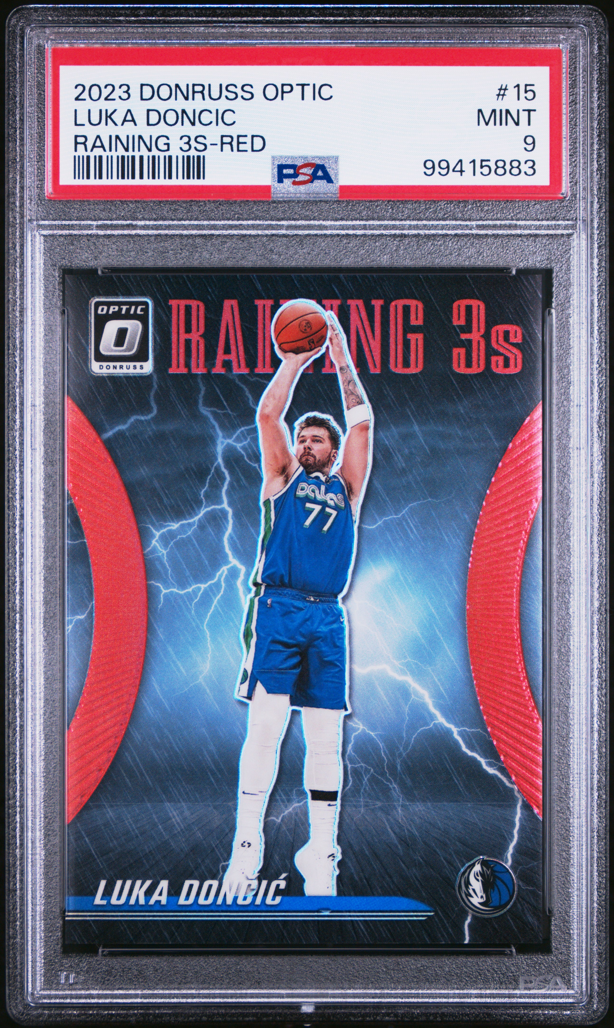 2023 Panini Donruss Optic Raining 3S Luka Doncic #15 (Raining 3S-Red) Mint 9 front