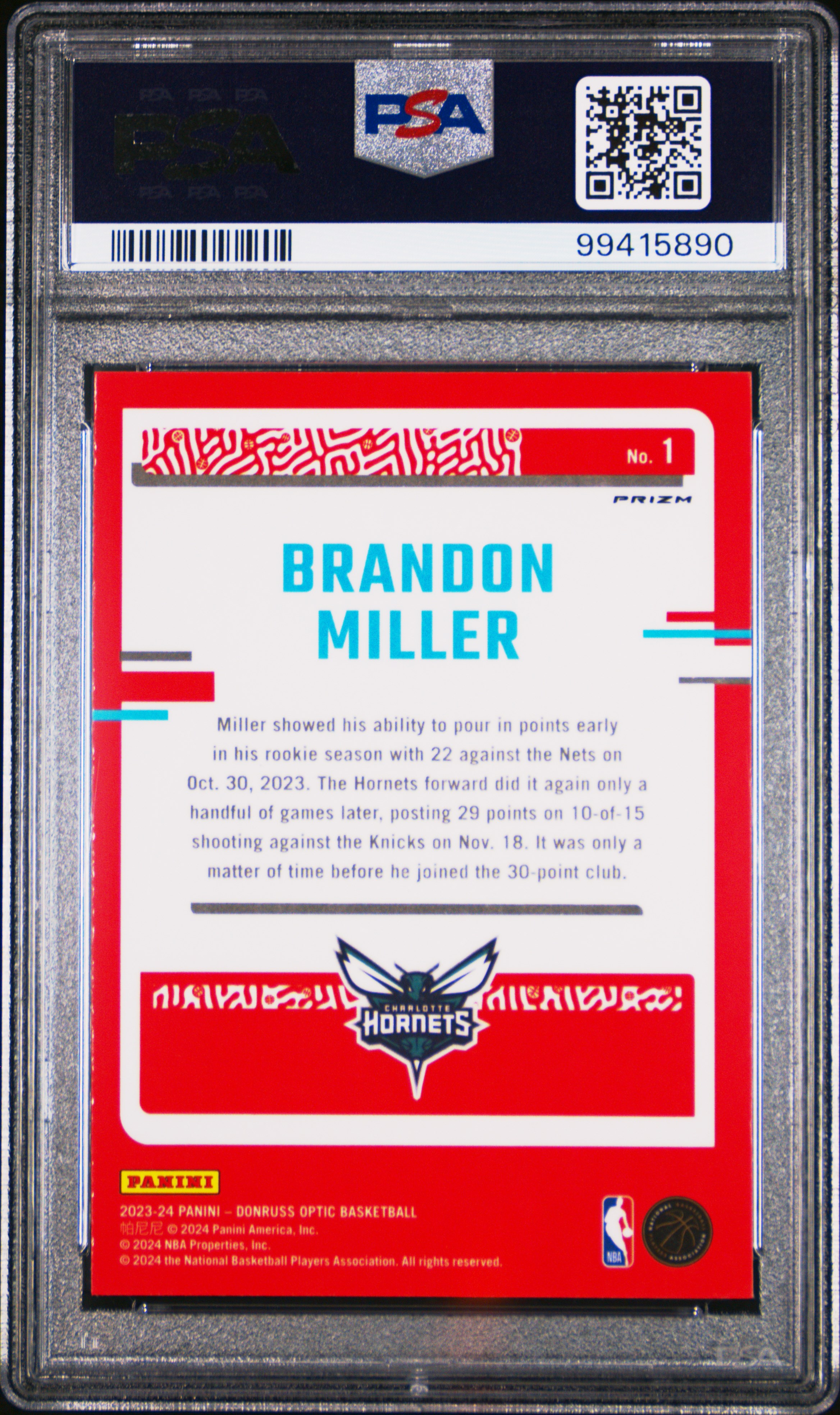 2023 Panini Donruss Optic The Rookies Brandon Miller #1 (The Rookies-Holo) Gem Mt 10 back