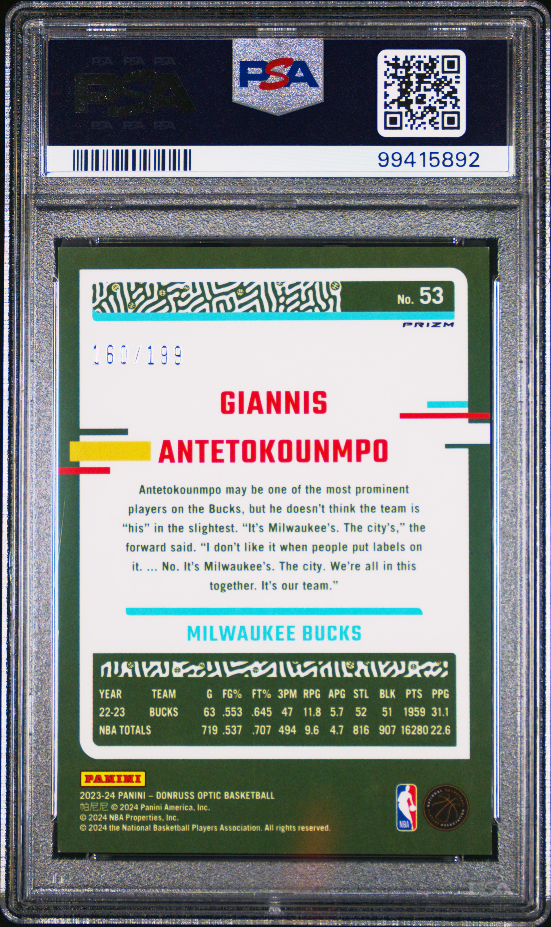 2023 Panini Donruss Optic Giannis Antetokounmpo #53 (Orange) Mint 9 back