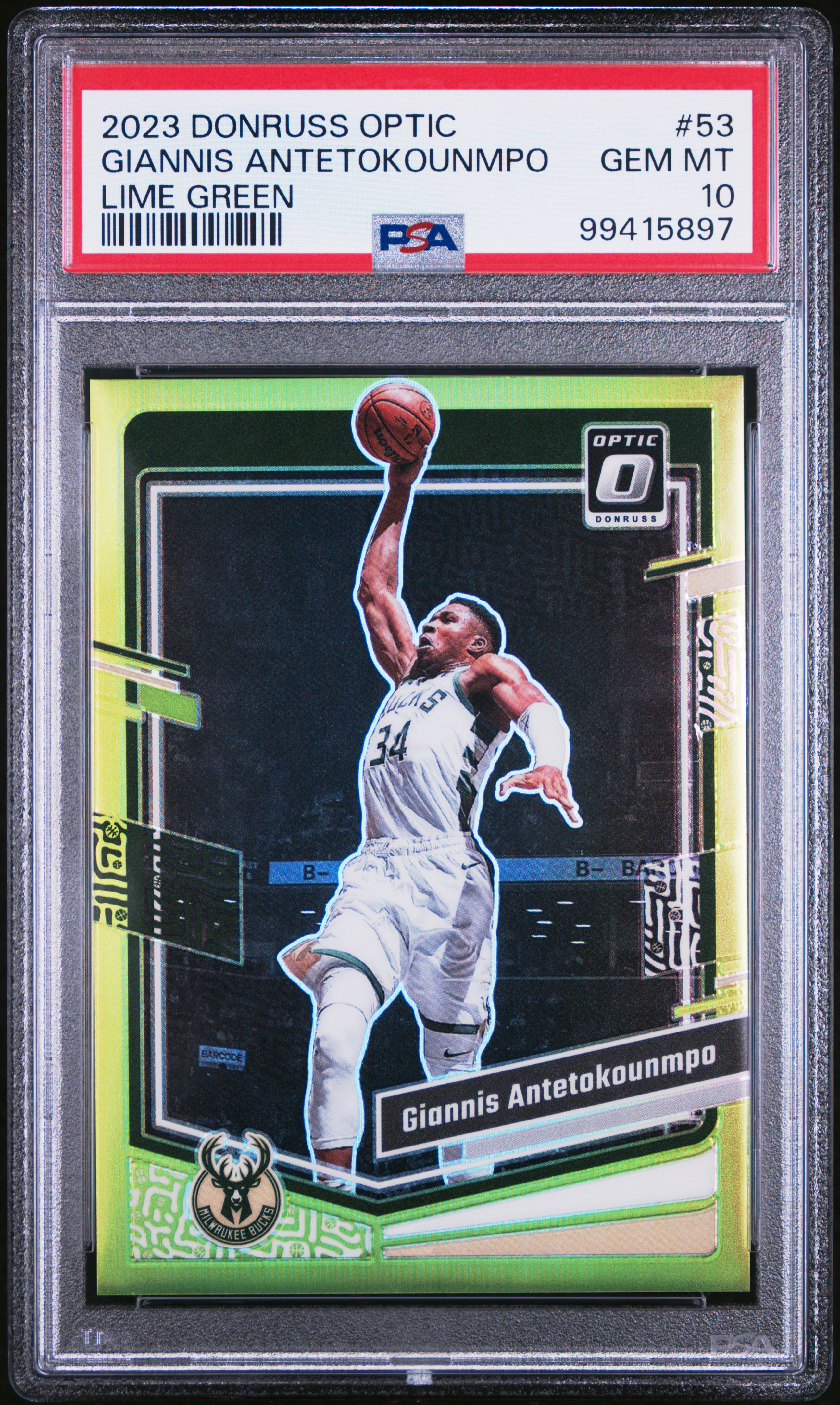 2023 Panini Donruss Optic Giannis Antetokounmpo #53 (Lime Green) Gem Mt 10 front